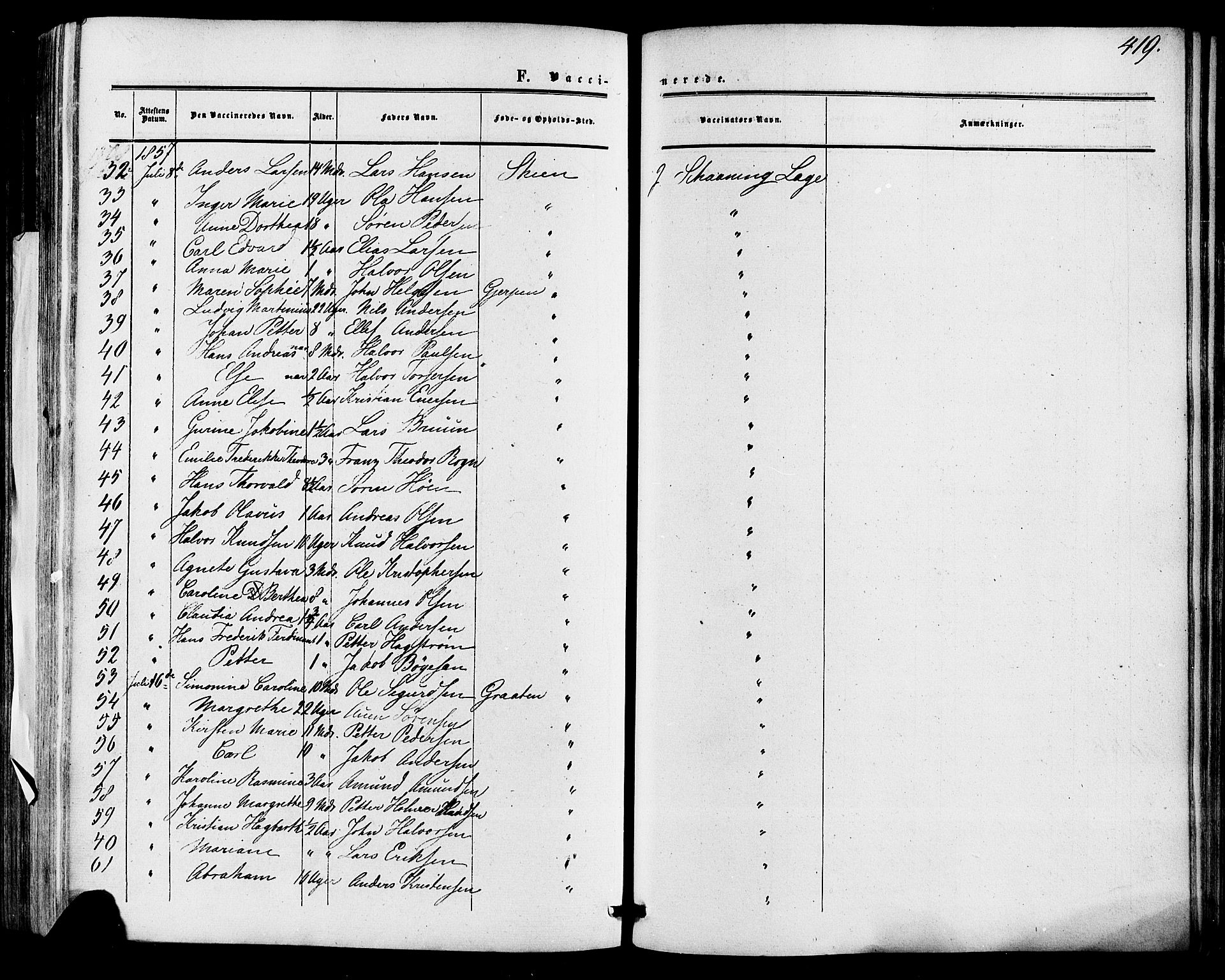 Skien kirkebøker, AV/SAKO-A-302/F/Fa/L0007: Parish register (official) no. 7, 1856-1865, p. 419