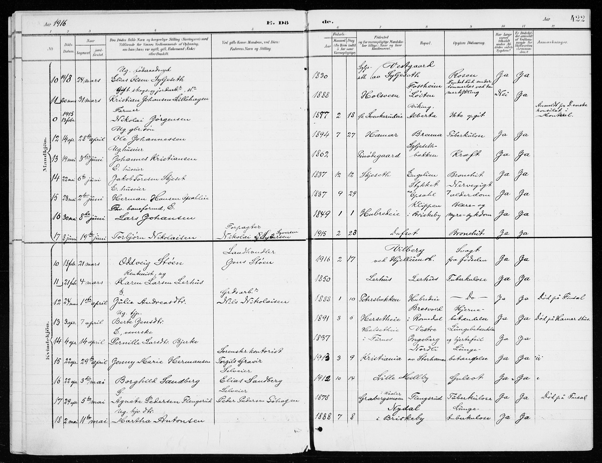 Vang prestekontor, Hedmark, SAH/PREST-008/H/Ha/Haa/L0021: Parish register (official) no. 21, 1902-1917, p. 422
