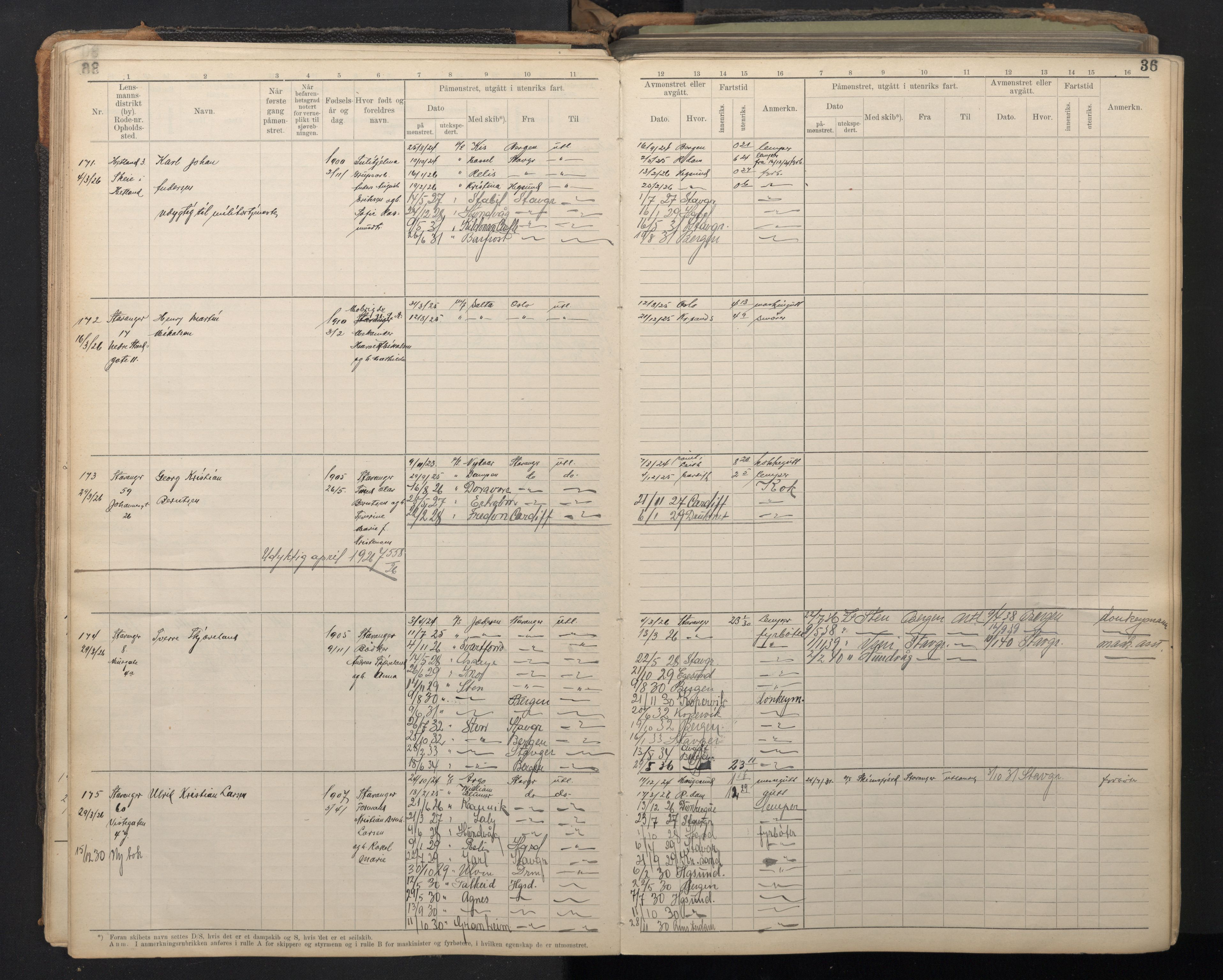 Stavanger sjømannskontor, AV/SAST-A-102006/F/Fe/L0004: Maskinist- og fyrbøterrulle, patentnr. 1-460 (dublett), 1921-1948, p. 39