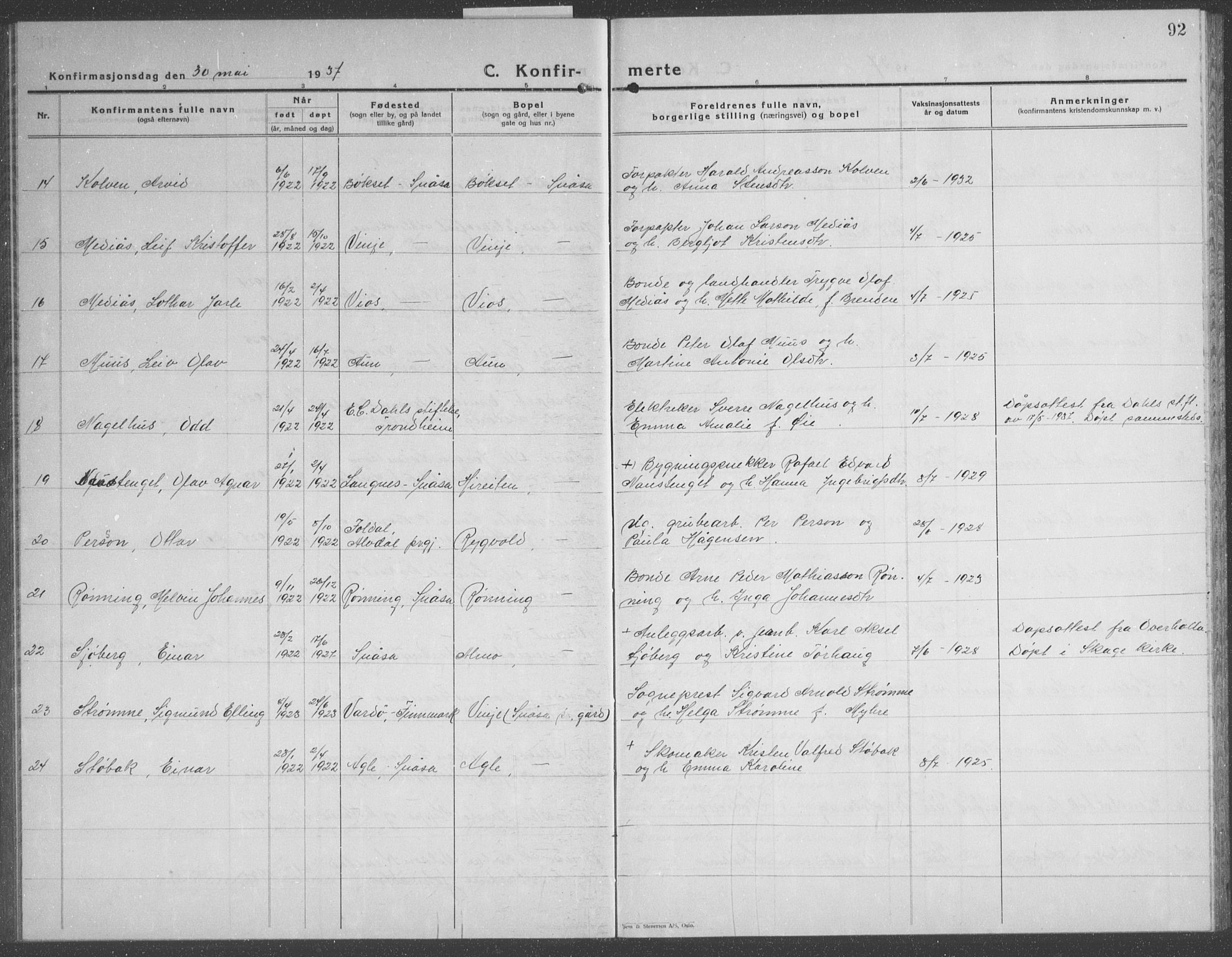 Ministerialprotokoller, klokkerbøker og fødselsregistre - Nord-Trøndelag, AV/SAT-A-1458/749/L0481: Parish register (copy) no. 749C03, 1933-1945, p. 92