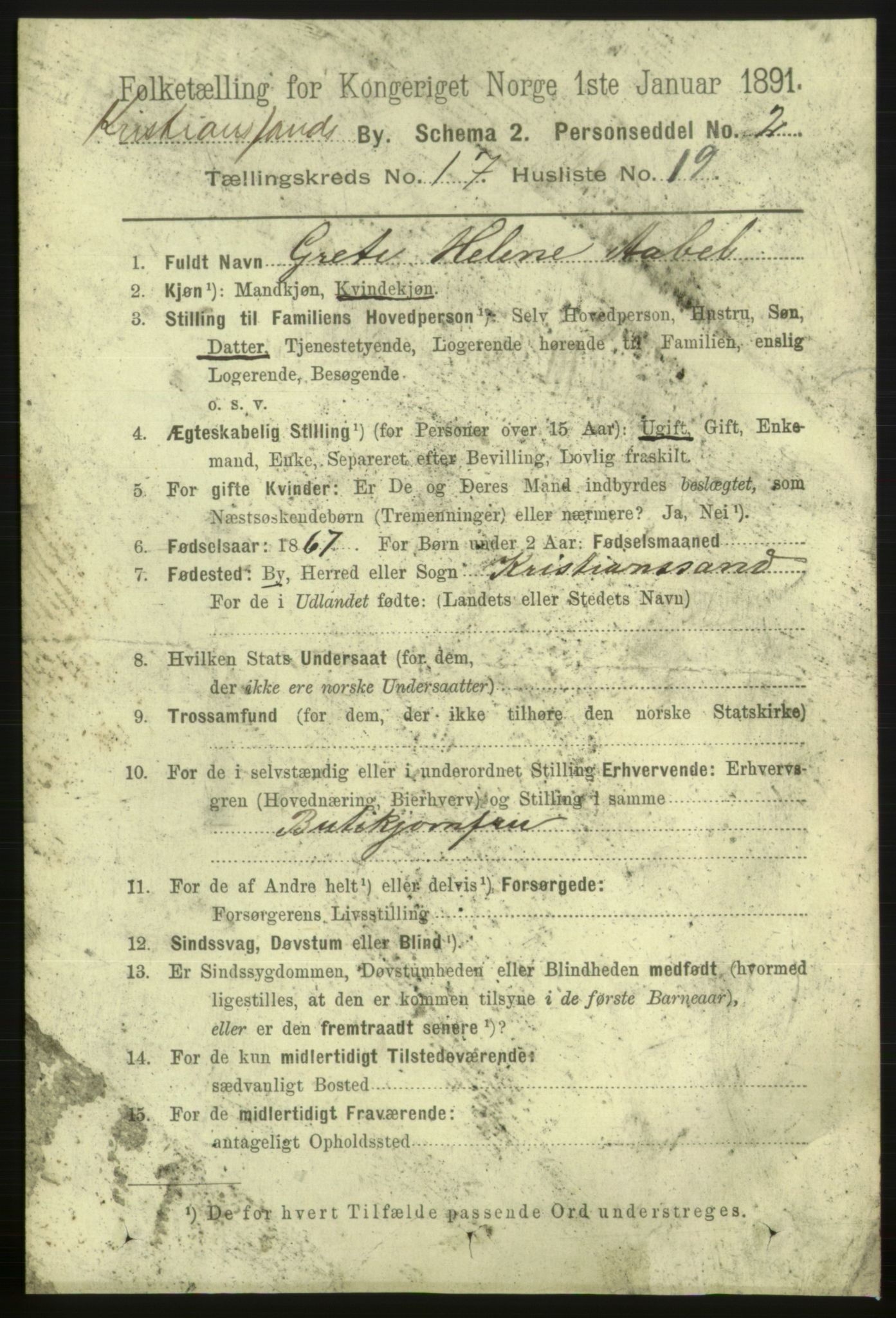 RA, 1891 census for 1001 Kristiansand, 1891, p. 6896