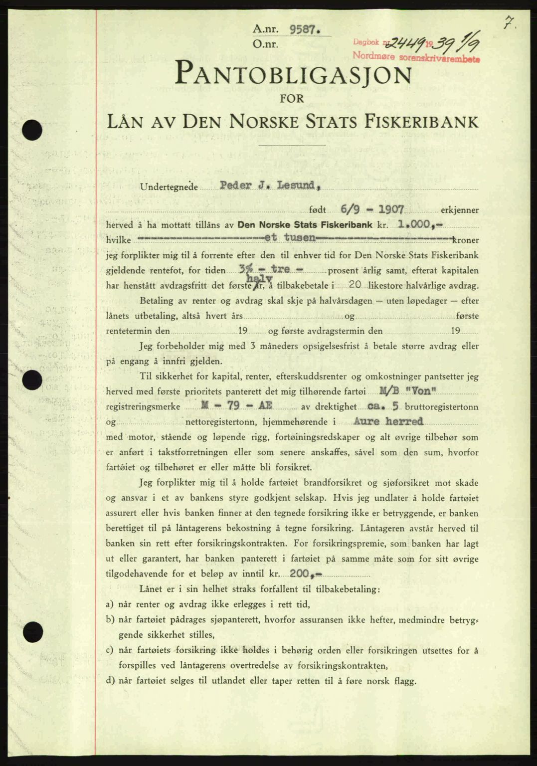 Nordmøre sorenskriveri, AV/SAT-A-4132/1/2/2Ca: Mortgage book no. B86, 1939-1940, Diary no: : 2449/1939