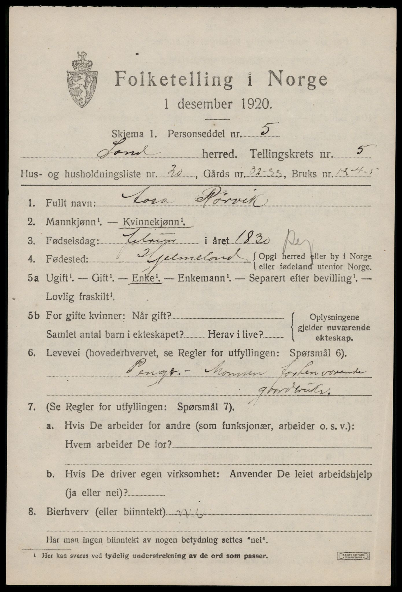 SAST, 1920 census for Sand, 1920, p. 2109