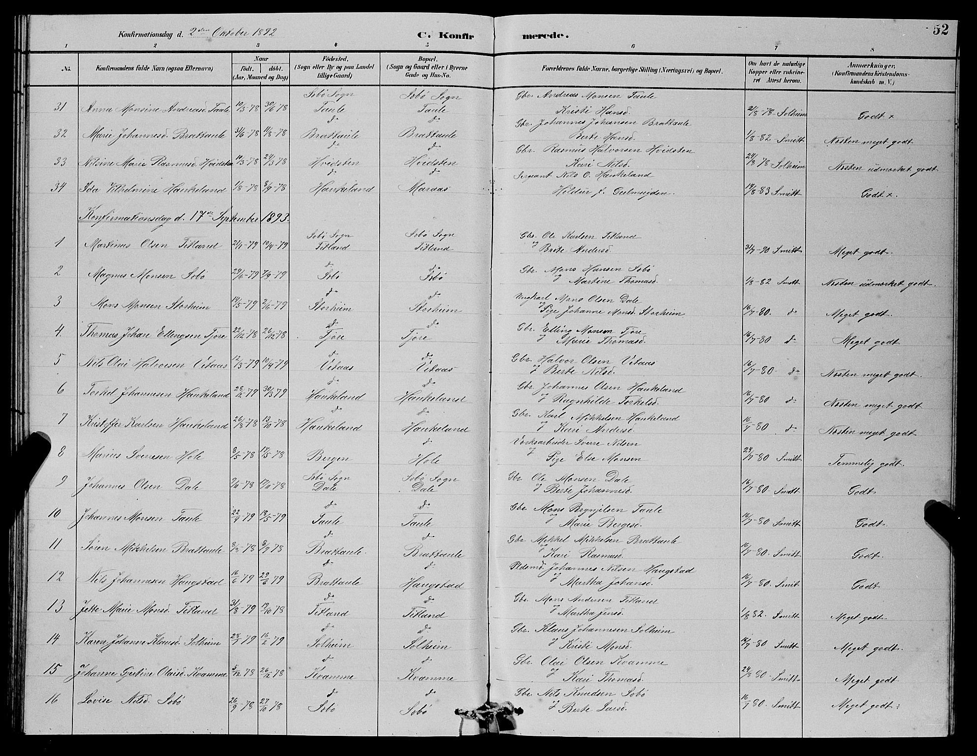 Manger sokneprestembete, SAB/A-76801/H/Hab: Parish register (copy) no. D 2, 1883-1894, p. 52