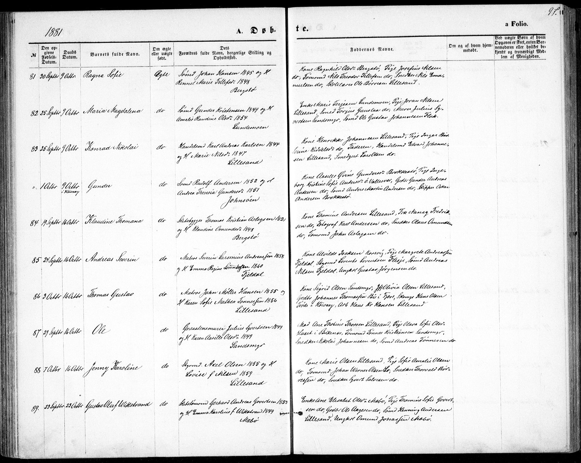 Vestre Moland sokneprestkontor, SAK/1111-0046/F/Fb/Fbb/L0005: Parish register (copy) no. B 5, 1872-1883, p. 97