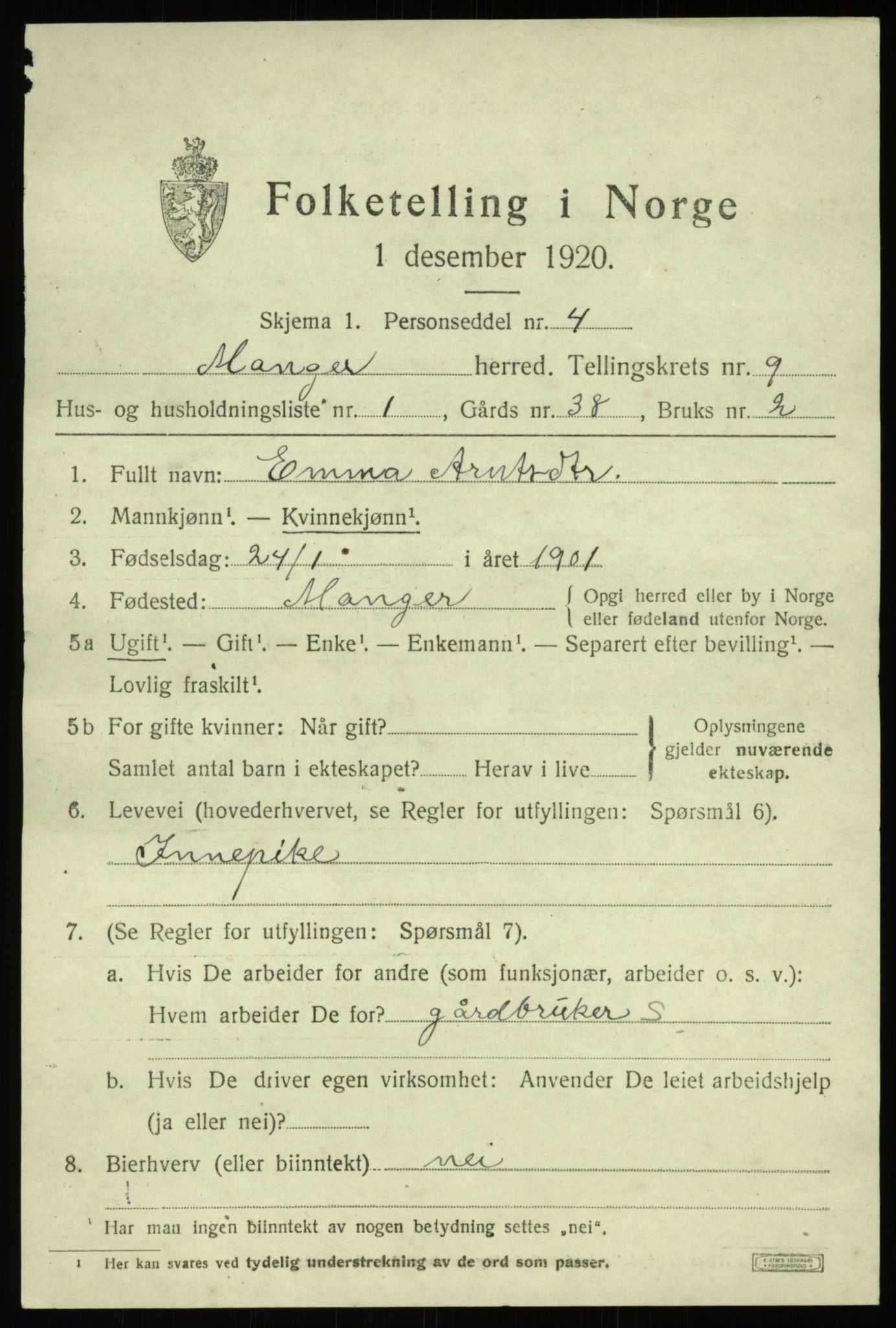 SAB, 1920 census for Manger, 1920, p. 5445