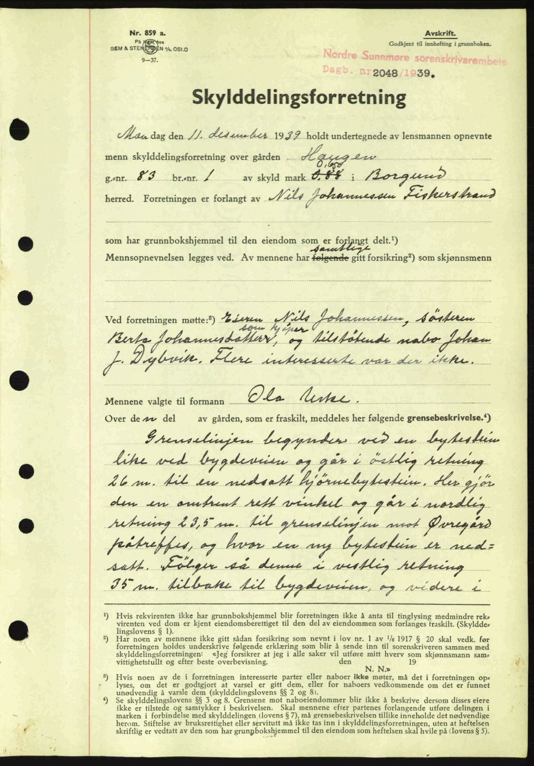 Nordre Sunnmøre sorenskriveri, AV/SAT-A-0006/1/2/2C/2Ca: Mortgage book no. A8, 1939-1940, Diary no: : 2048/1939