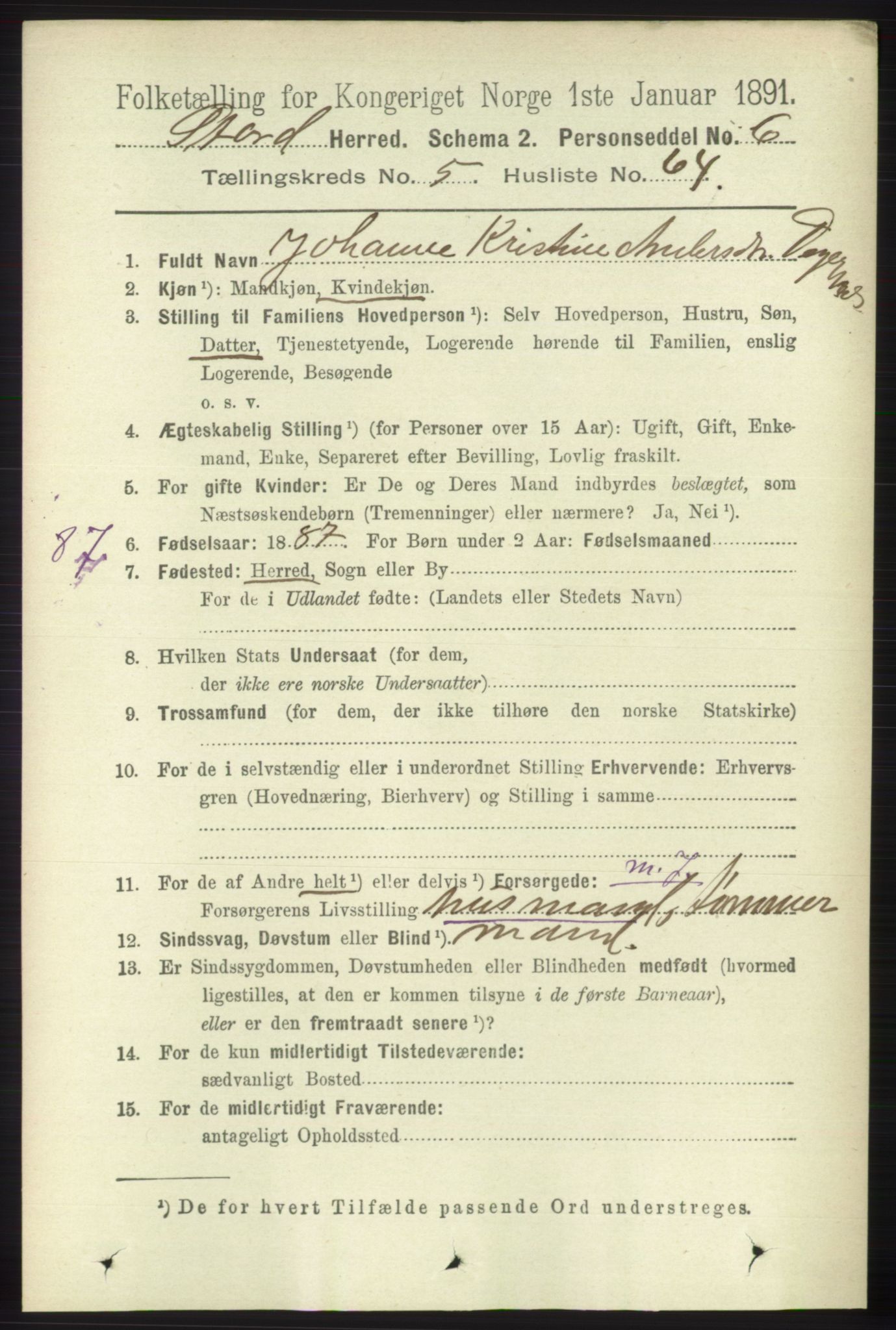 RA, 1891 census for 1221 Stord, 1891, p. 2020