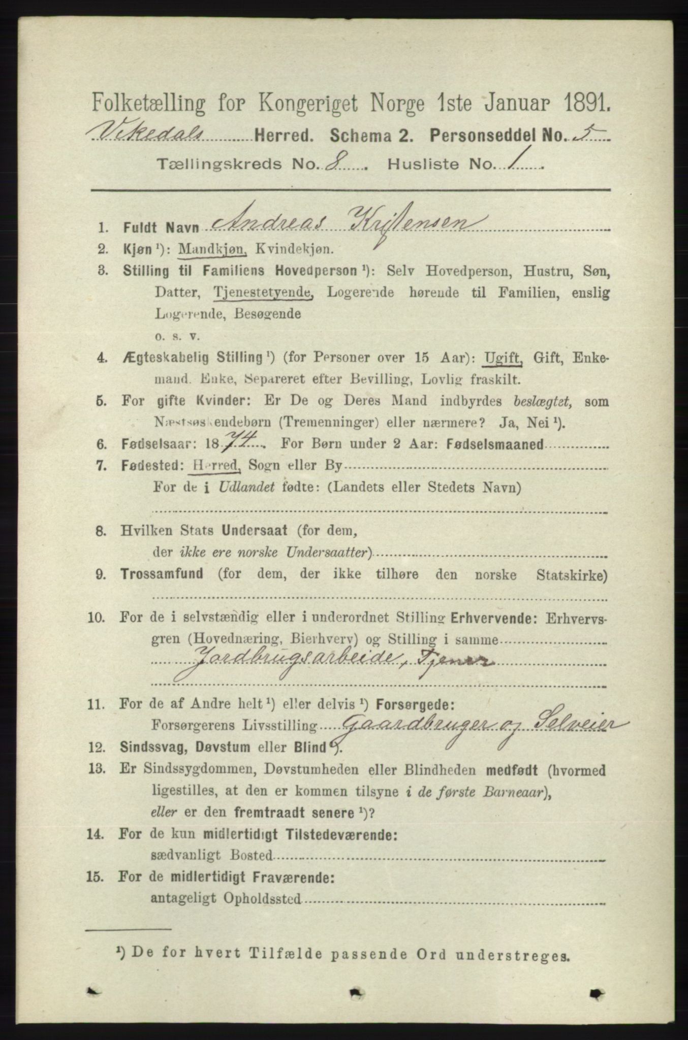 RA, 1891 census for 1157 Vikedal, 1891, p. 2227