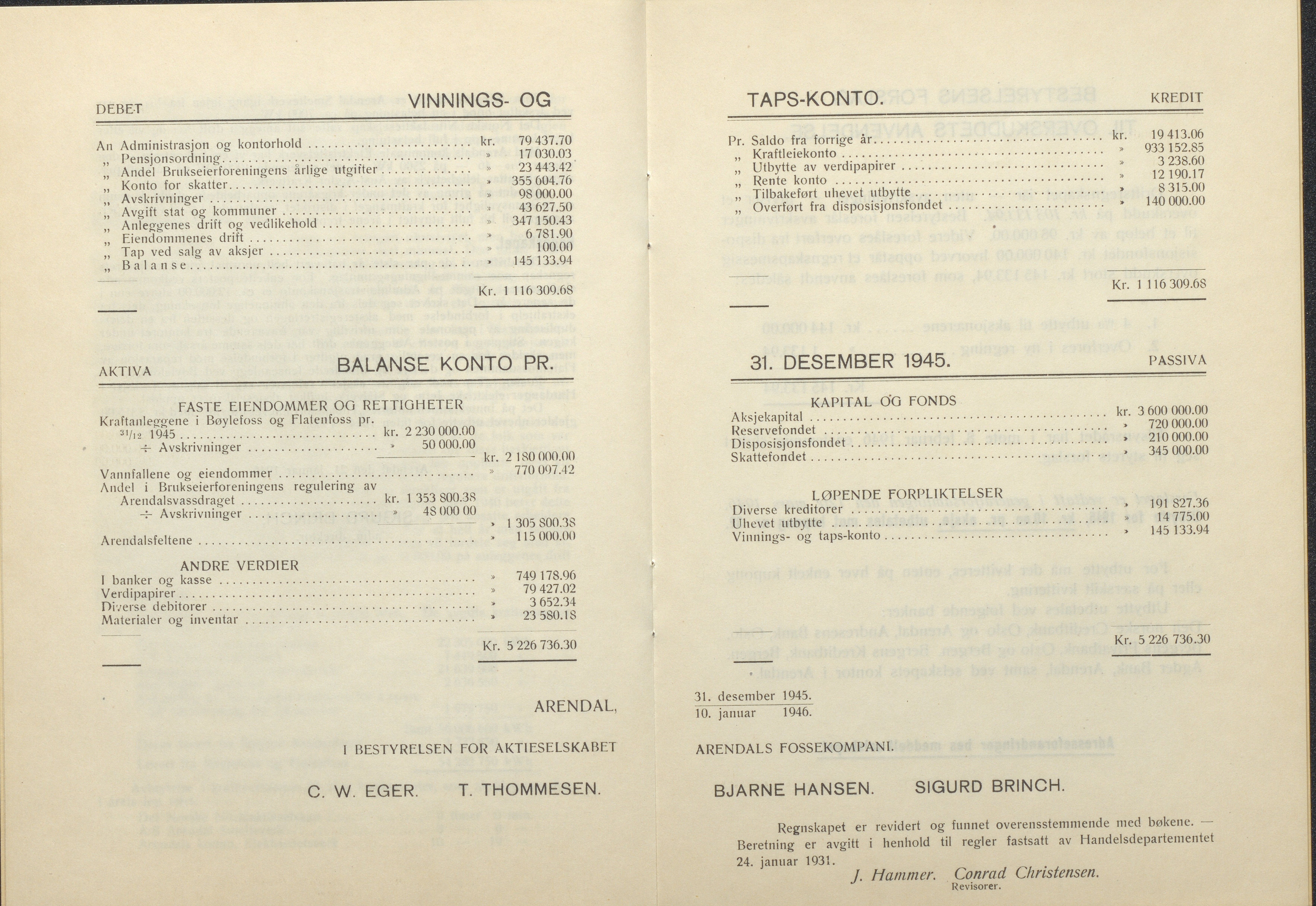 Arendals Fossekompani, AAKS/PA-2413/X/X01/L0001/0012: Beretninger, regnskap, balansekonto, gevinst- og tapskonto / Beretning, regnskap 1945 - 1962, 1945-1962, p. 5