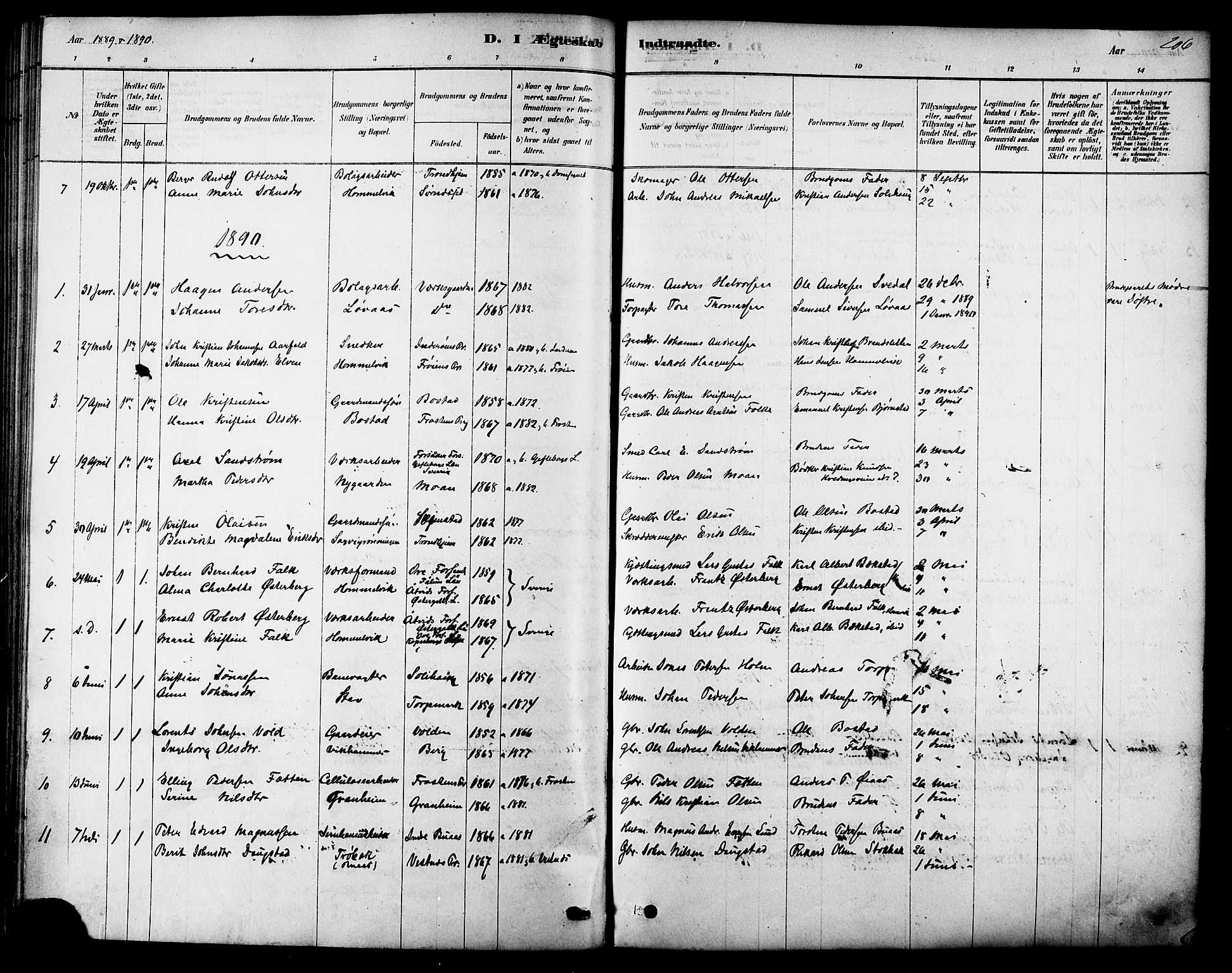 Ministerialprotokoller, klokkerbøker og fødselsregistre - Sør-Trøndelag, AV/SAT-A-1456/616/L0410: Parish register (official) no. 616A07, 1878-1893, p. 206