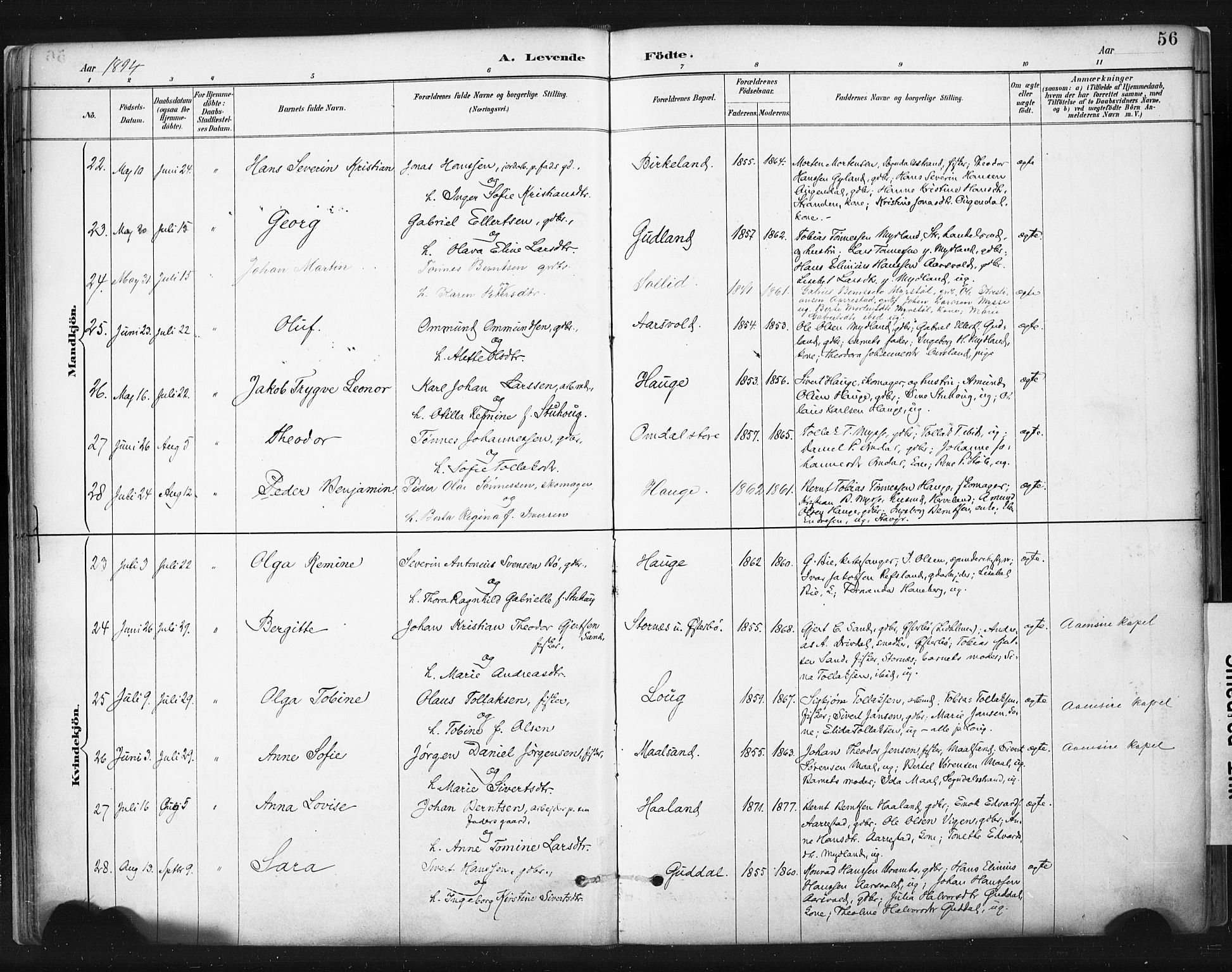 Sokndal sokneprestkontor, AV/SAST-A-101808: Parish register (official) no. A 11.1, 1887-1905, p. 56