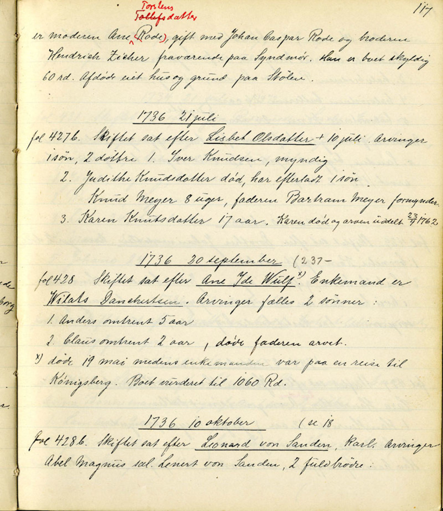 Sollied, Olaf og Thora - samlinger, AV/SAB-SAB/DA-0401/01/L0010/0001: Skifte: Utdrag av skifteprotokoller / 92 Skifteprotokoller: utdrag, 1731-1740, p. 117