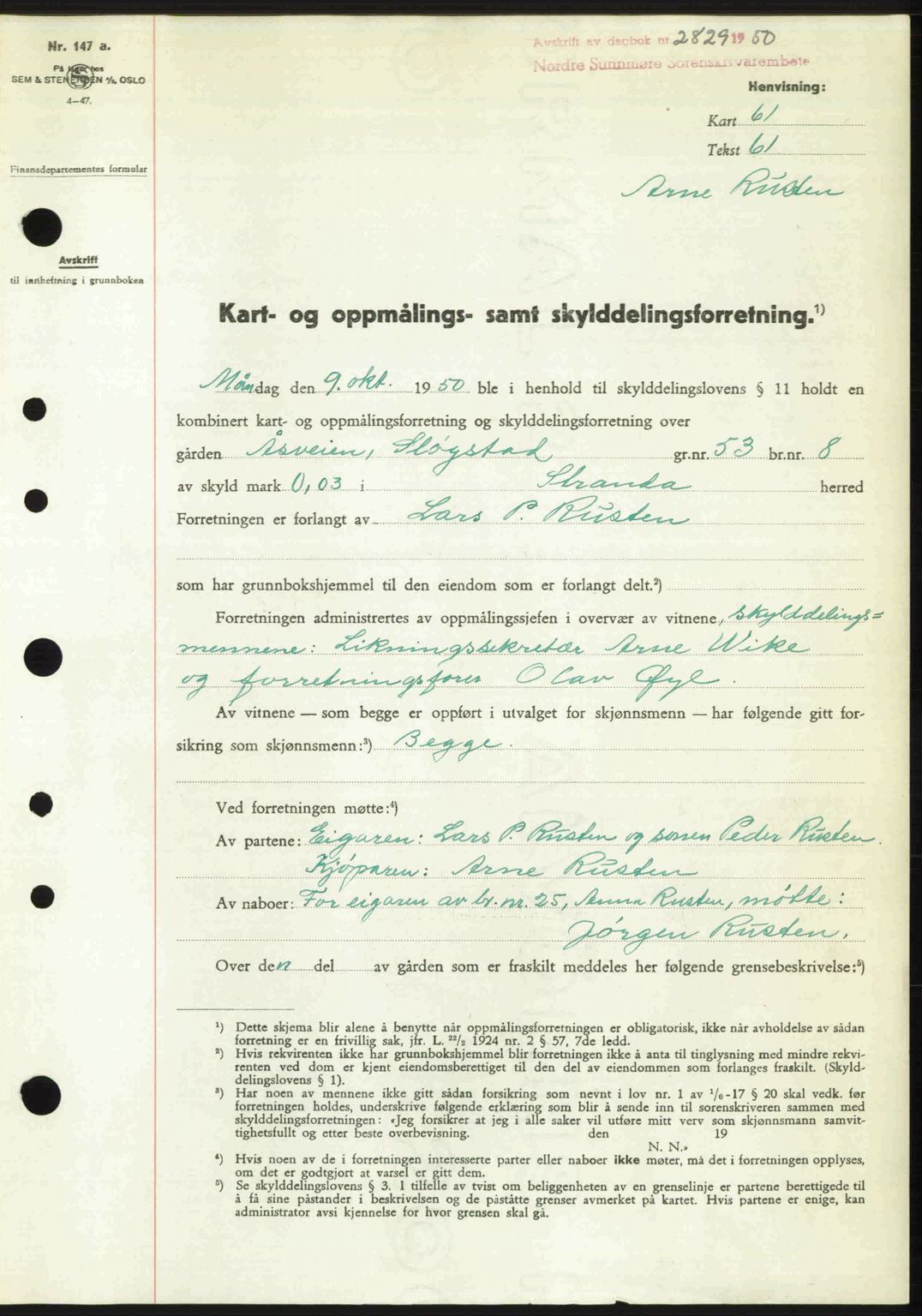 Nordre Sunnmøre sorenskriveri, AV/SAT-A-0006/1/2/2C/2Ca: Mortgage book no. A36, 1950-1950, Diary no: : 2829/1950