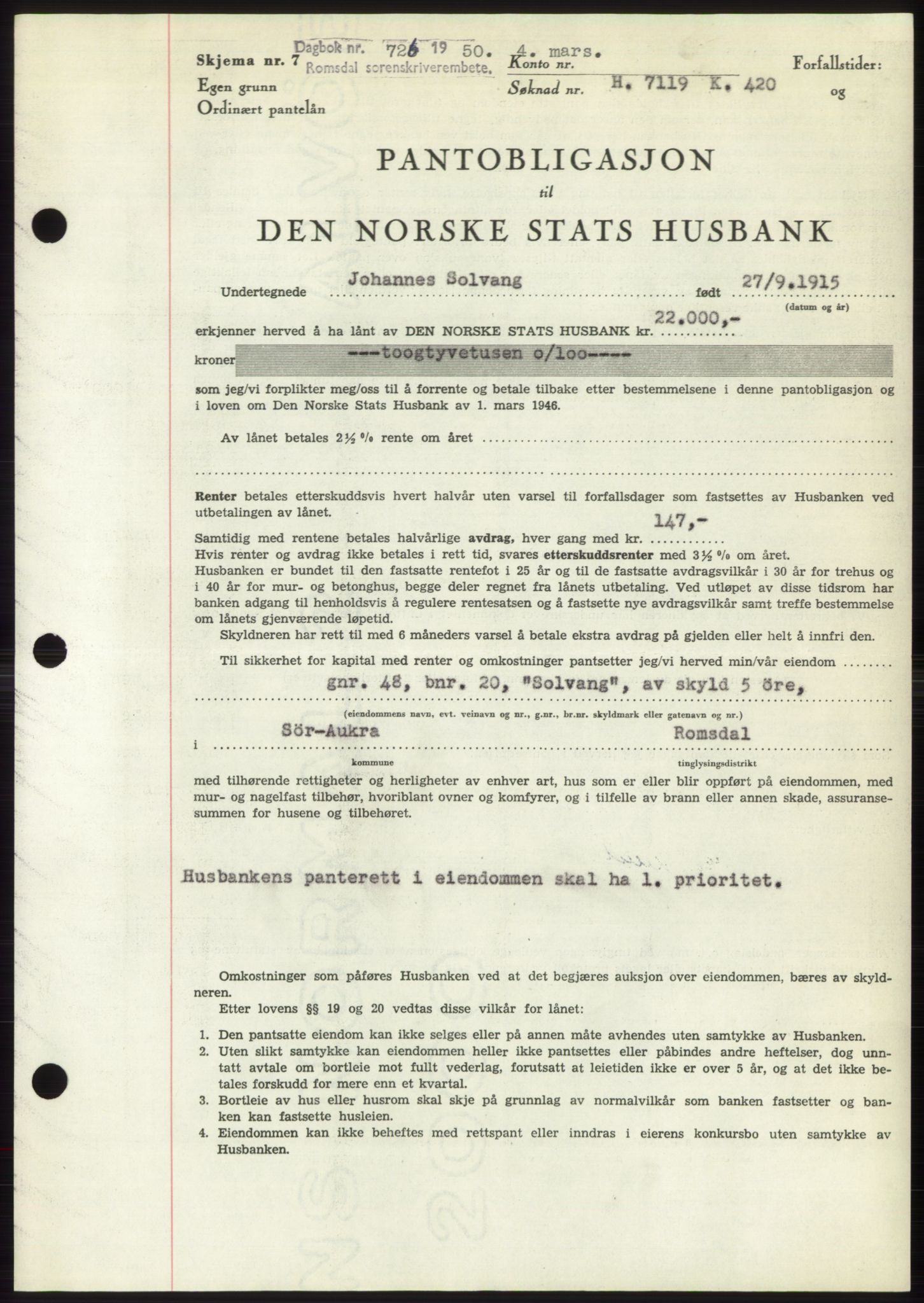 Romsdal sorenskriveri, AV/SAT-A-4149/1/2/2C: Mortgage book no. B5, 1949-1950, Diary no: : 726/1950