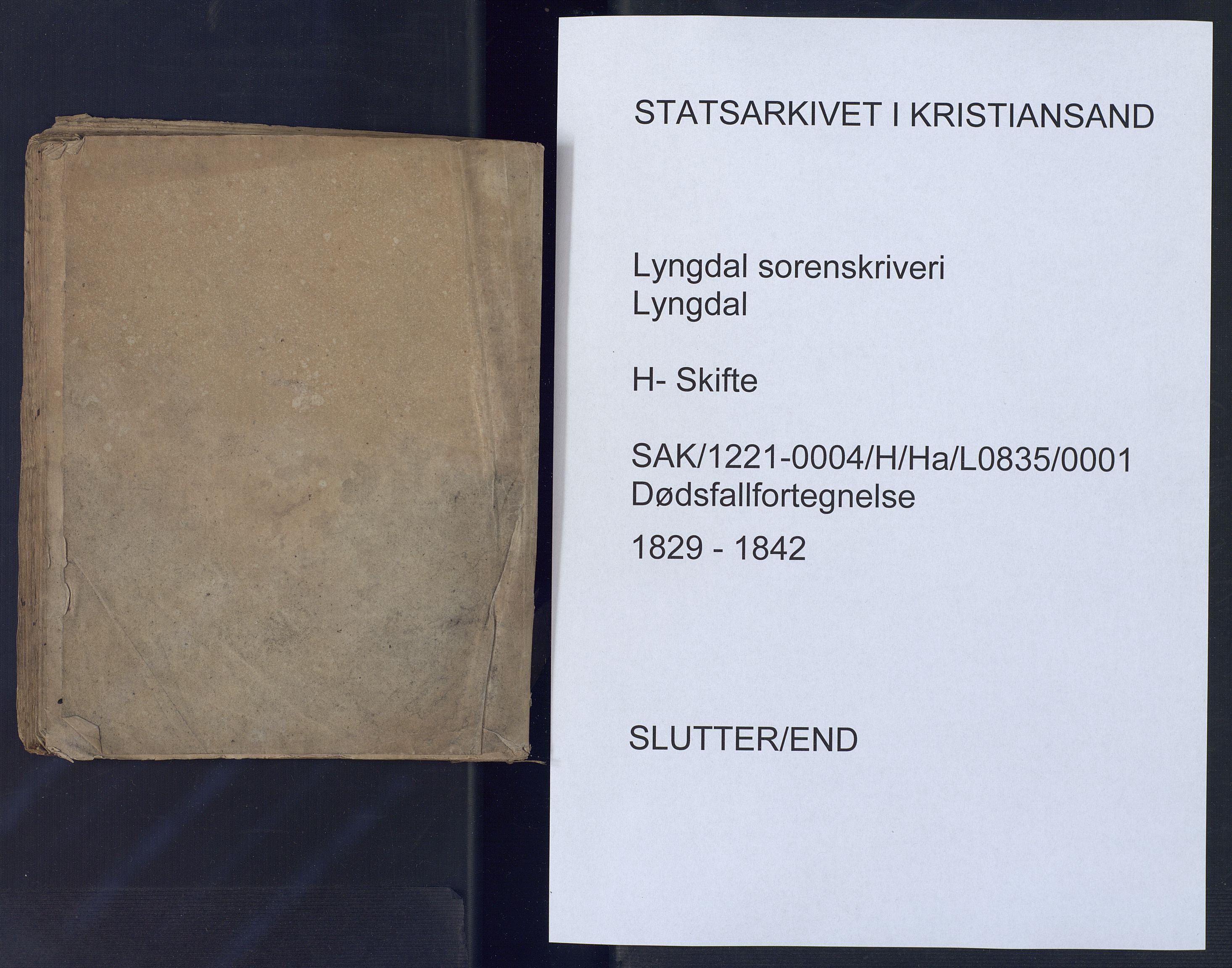 Lyngdal sorenskriveri, SAK/1221-0004/H/Ha/L0835/0001: Dødsfallsprotokoller / Dødsfallsfortegnelser, 1829-1842