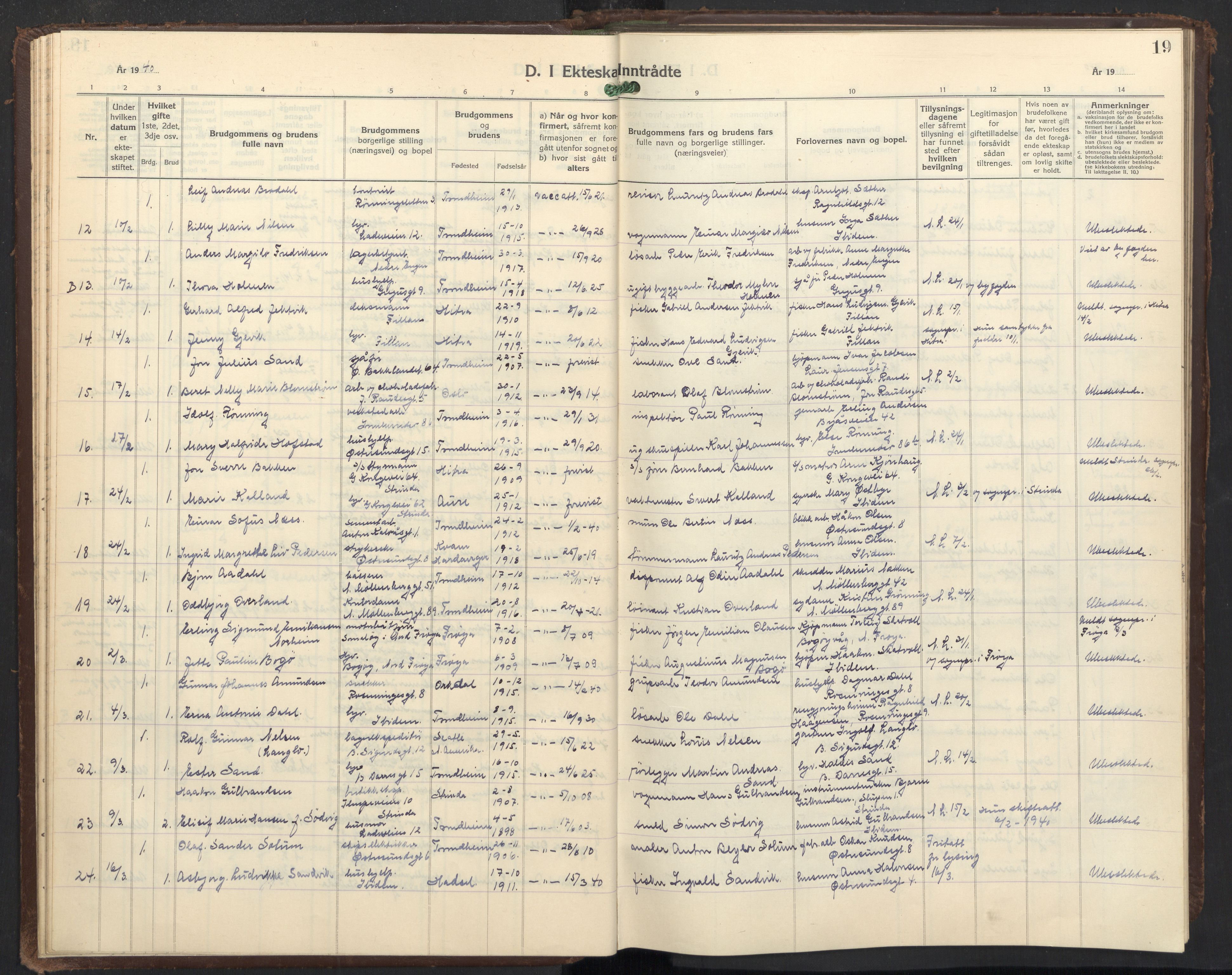 Ministerialprotokoller, klokkerbøker og fødselsregistre - Sør-Trøndelag, SAT/A-1456/605/L0263: Parish register (copy) no. 605C10, 1938-1949, p. 19