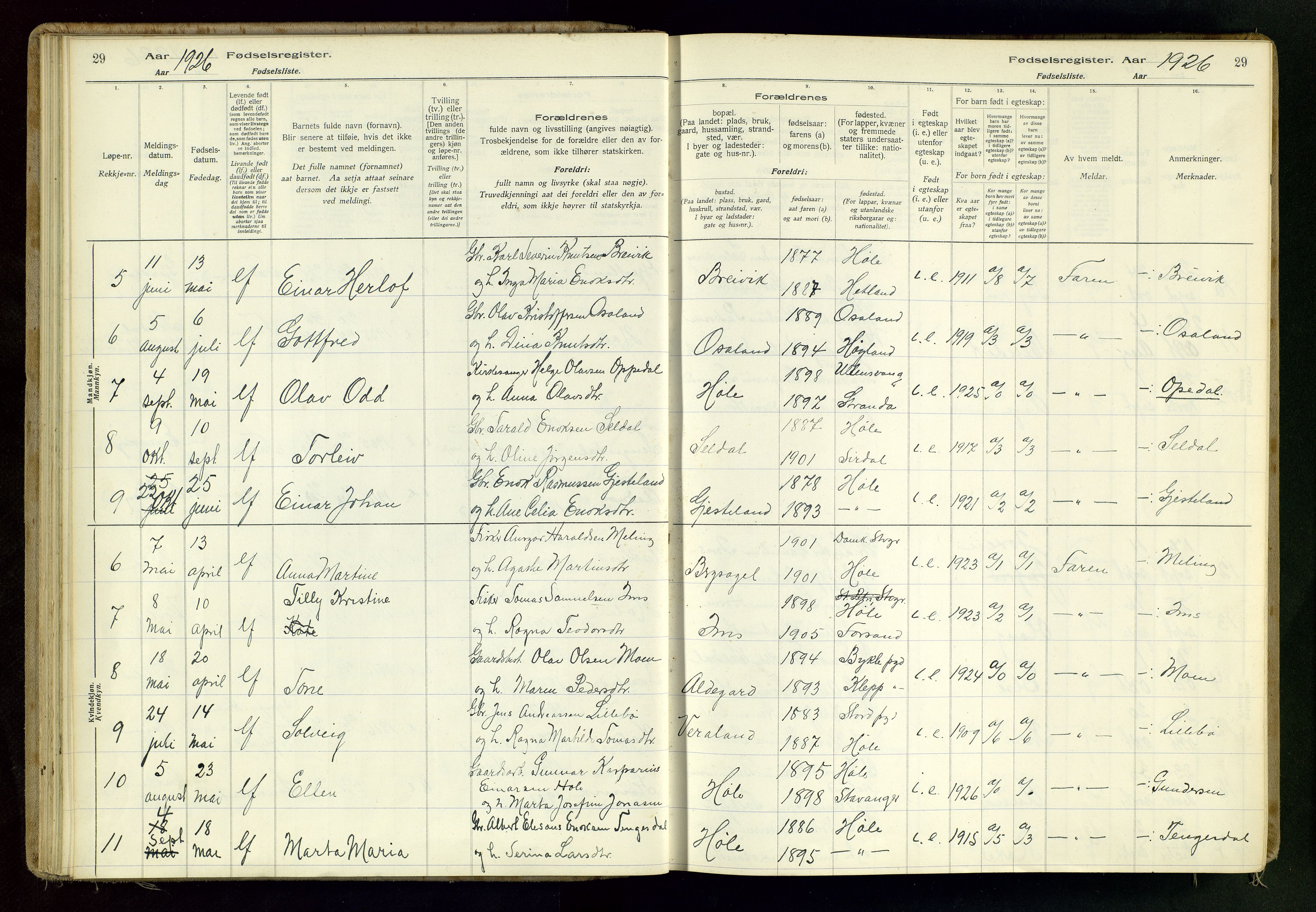 Høgsfjord sokneprestkontor, AV/SAST-A-101624/I/Id/L0001: Birth register no. 1, 1916-1982, p. 29