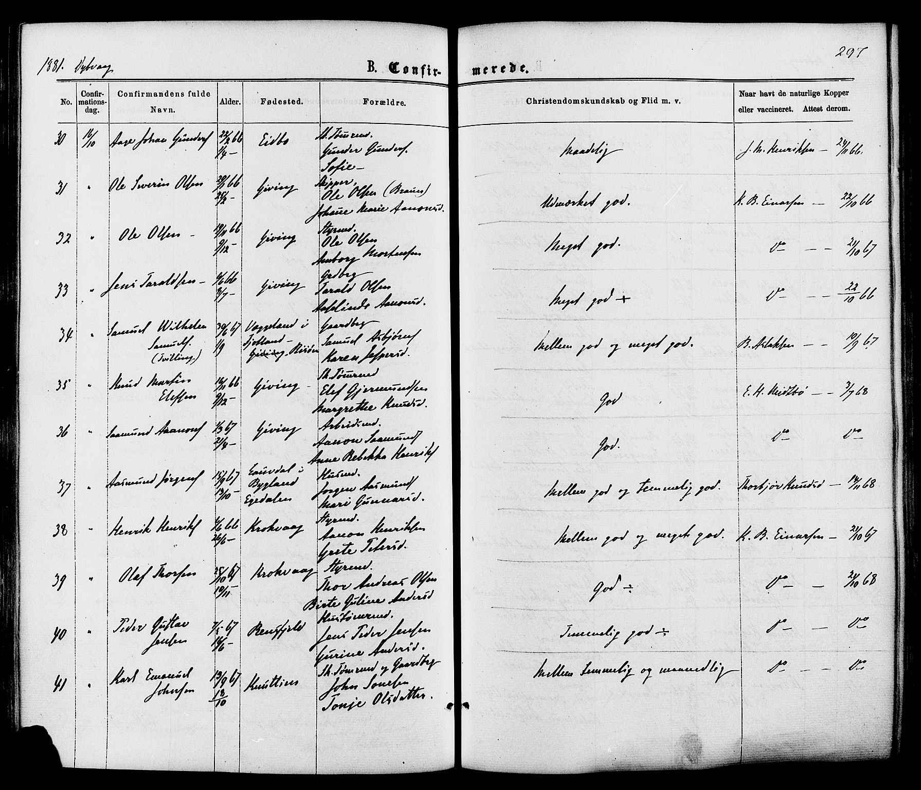 Dypvåg sokneprestkontor, AV/SAK-1111-0007/F/Fa/Faa/L0007: Parish register (official) no. A 7/ 1, 1872-1884, p. 297