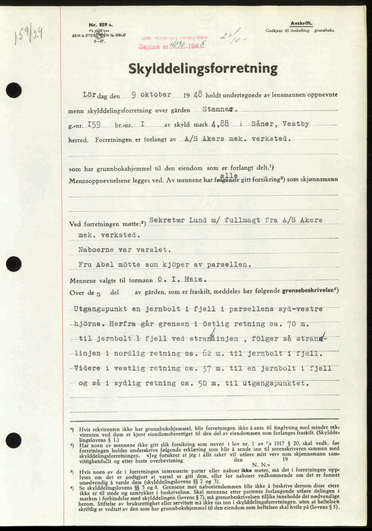 Follo sorenskriveri, AV/SAO-A-10274/G/Ga/Gaa/L0085: Mortgage book no. I 85, 1948-1948, Diary no: : 4030/1948