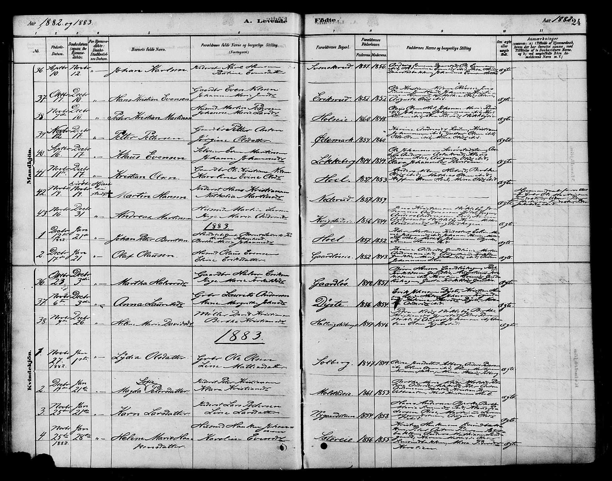 Vestre Toten prestekontor, AV/SAH-PREST-108/H/Ha/Haa/L0010: Parish register (official) no. 10, 1878-1894, p. 24