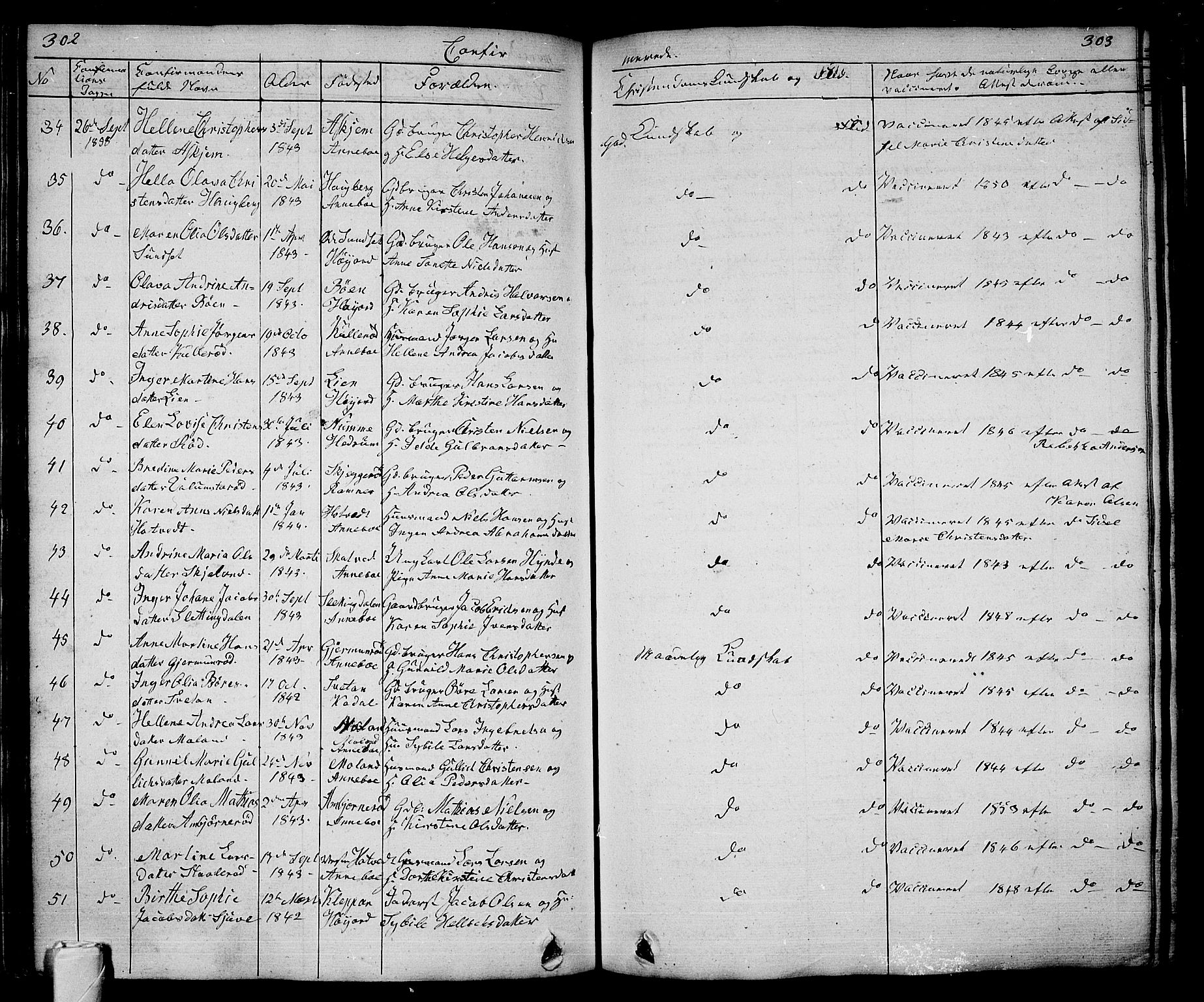 Andebu kirkebøker, AV/SAKO-A-336/G/Ga/L0003: Parish register (copy) no. I 3, 1832-1867, p. 302-303