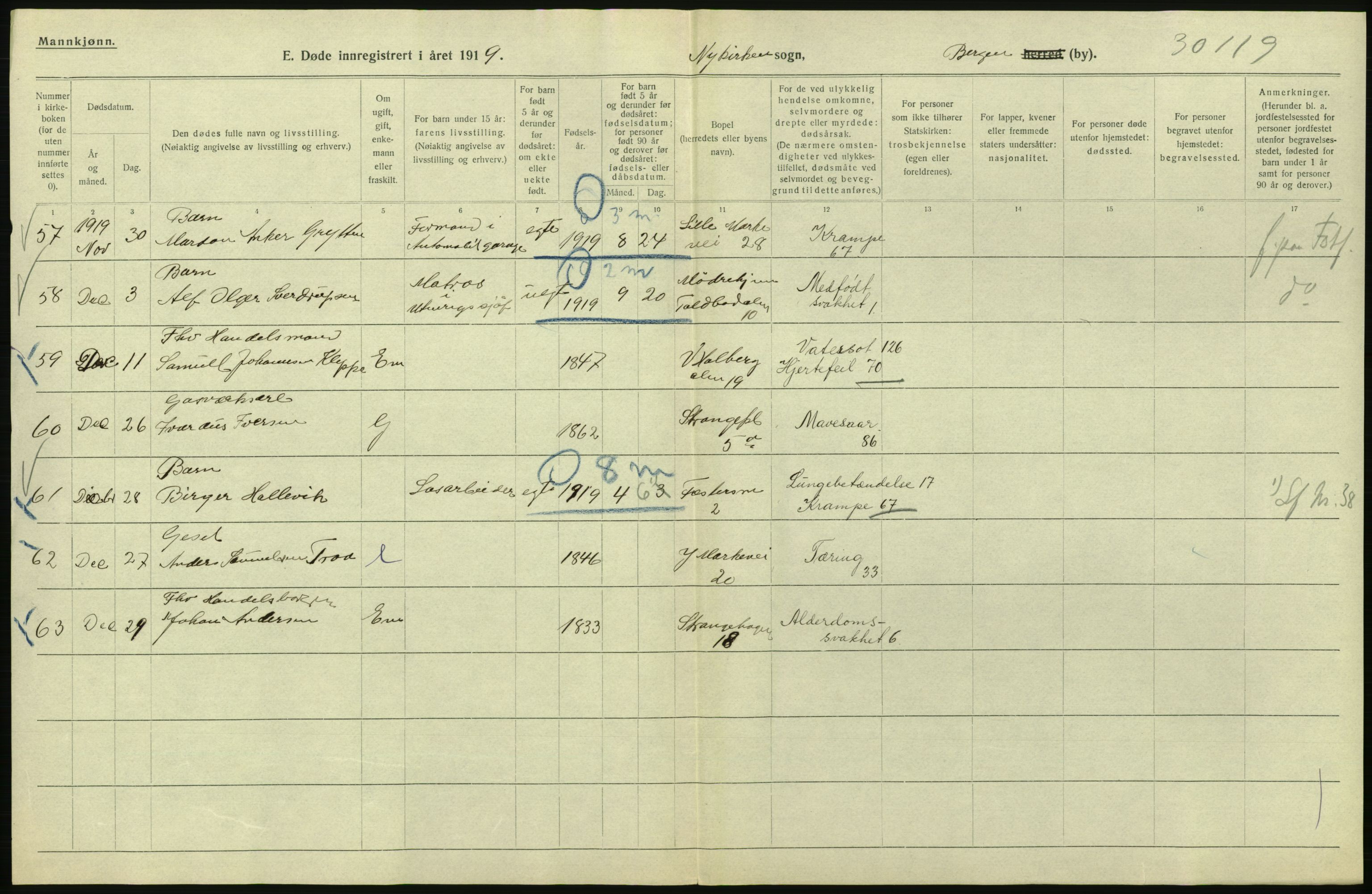 Statistisk sentralbyrå, Sosiodemografiske emner, Befolkning, AV/RA-S-2228/D/Df/Dfb/Dfbi/L0035: Bergen: Gifte, døde, dødfødte., 1919, p. 590