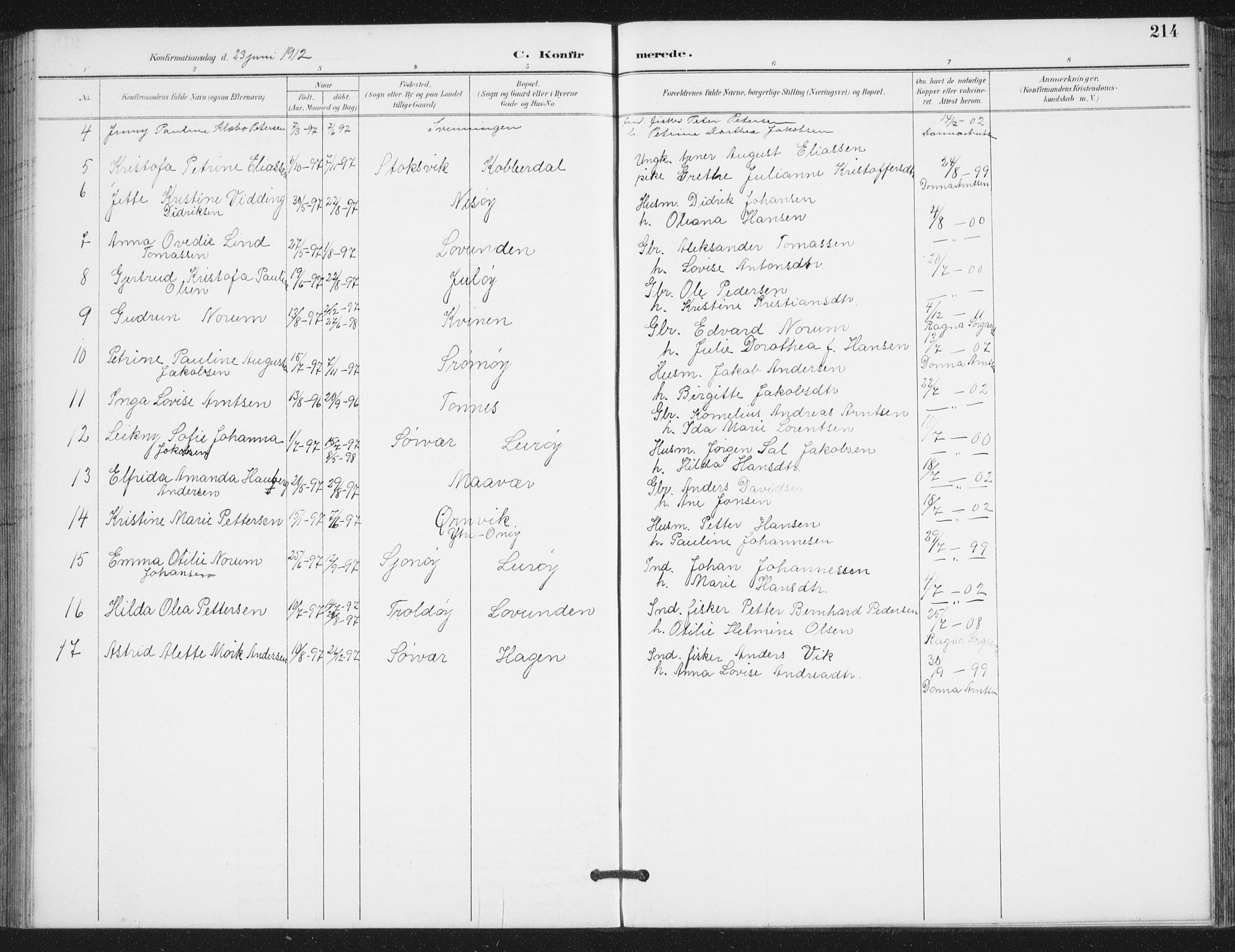 Ministerialprotokoller, klokkerbøker og fødselsregistre - Nordland, AV/SAT-A-1459/839/L0573: Parish register (copy) no. 839C03, 1892-1917, p. 214