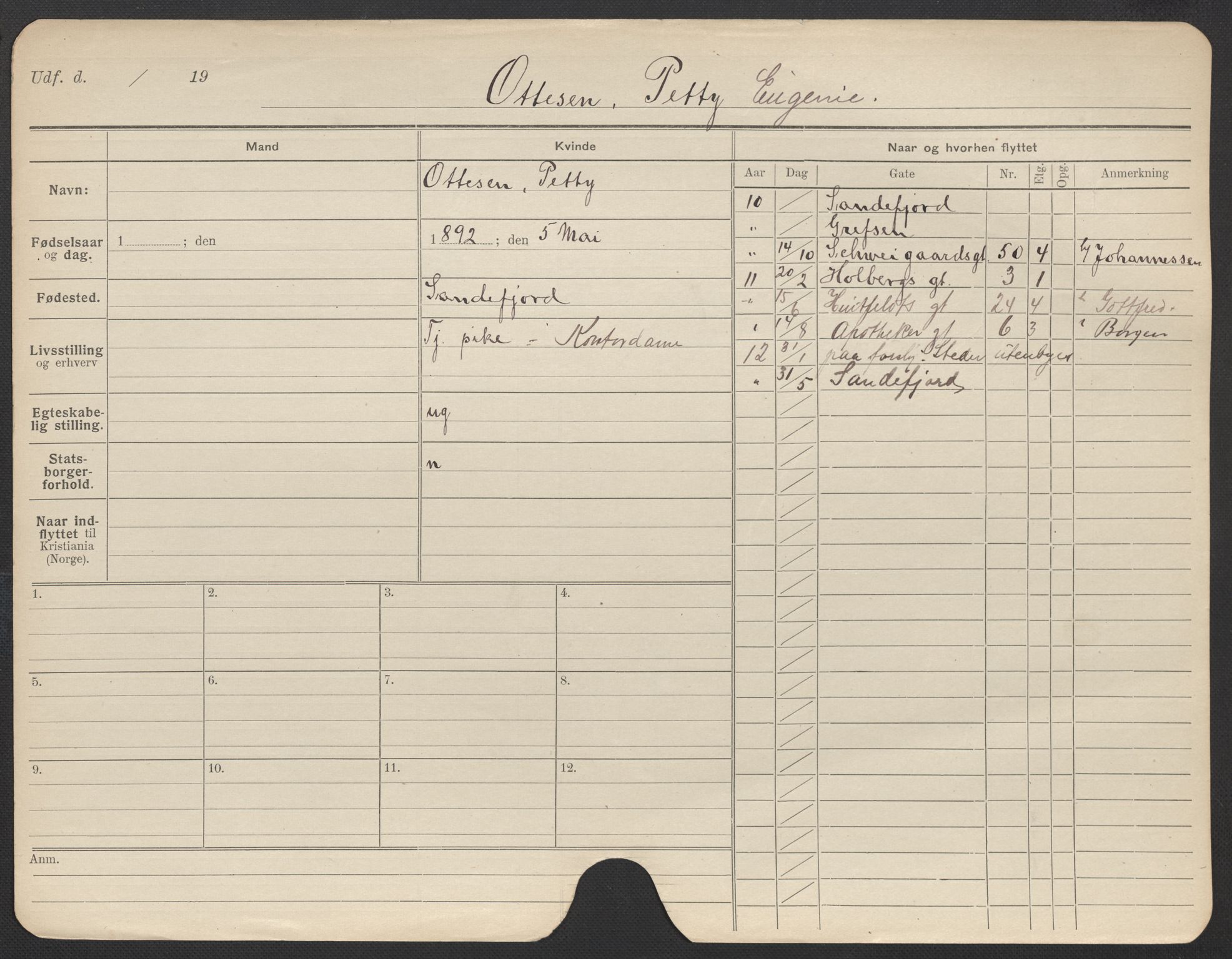 Oslo folkeregister, Registerkort, AV/SAO-A-11715/F/Fa/Fac/L0022: Kvinner, 1906-1914, p. 497a