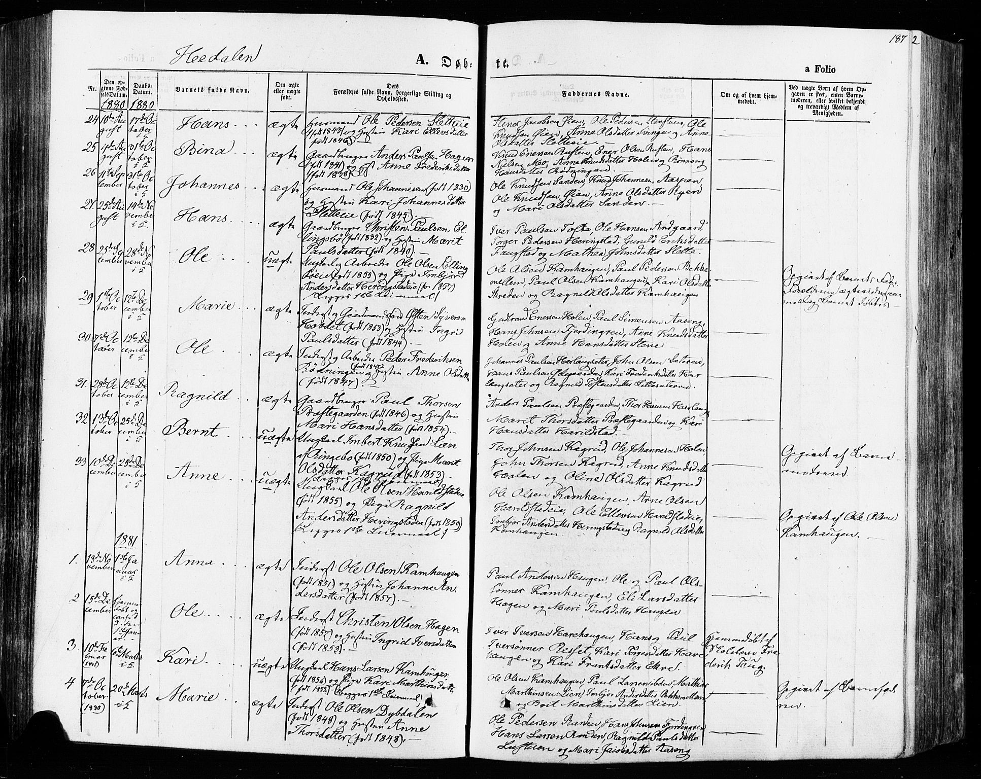 Vågå prestekontor, SAH/PREST-076/H/Ha/Haa/L0007: Parish register (official) no. 7 /2, 1873-1886, p. 187