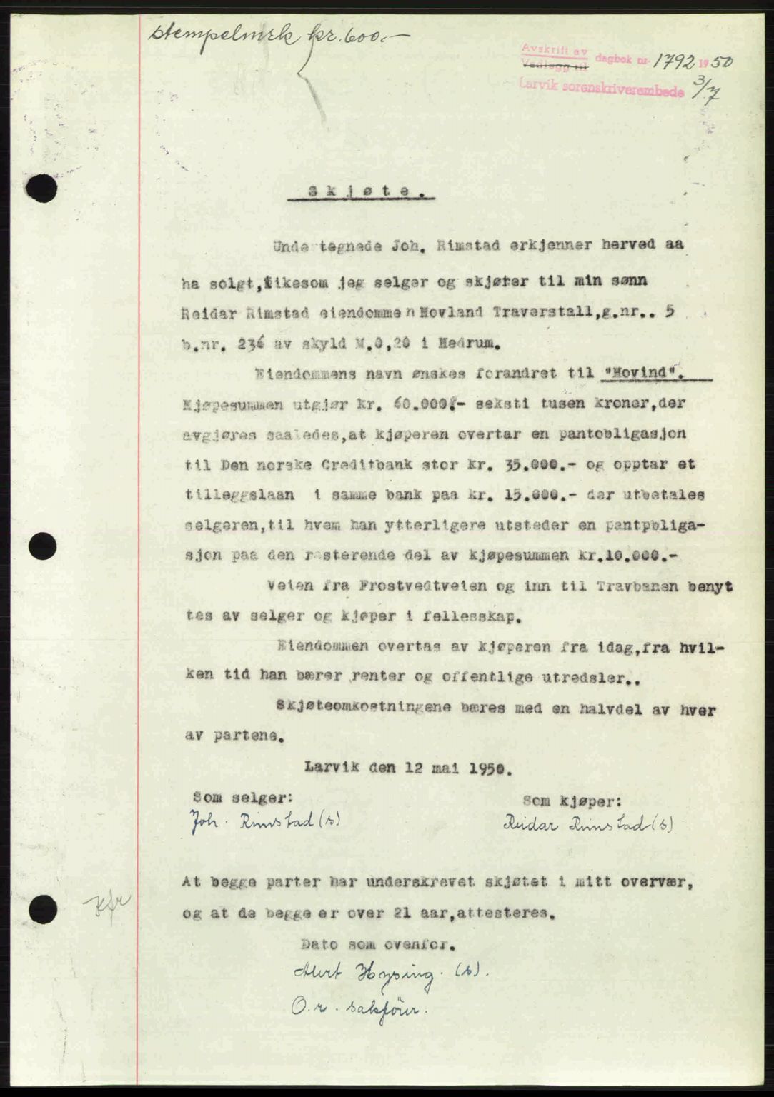 Larvik sorenskriveri, AV/SAKO-A-83/G/Ga/Gab/L0092: Mortgage book no. A-26, 1950-1950, Diary no: : 1792/1950
