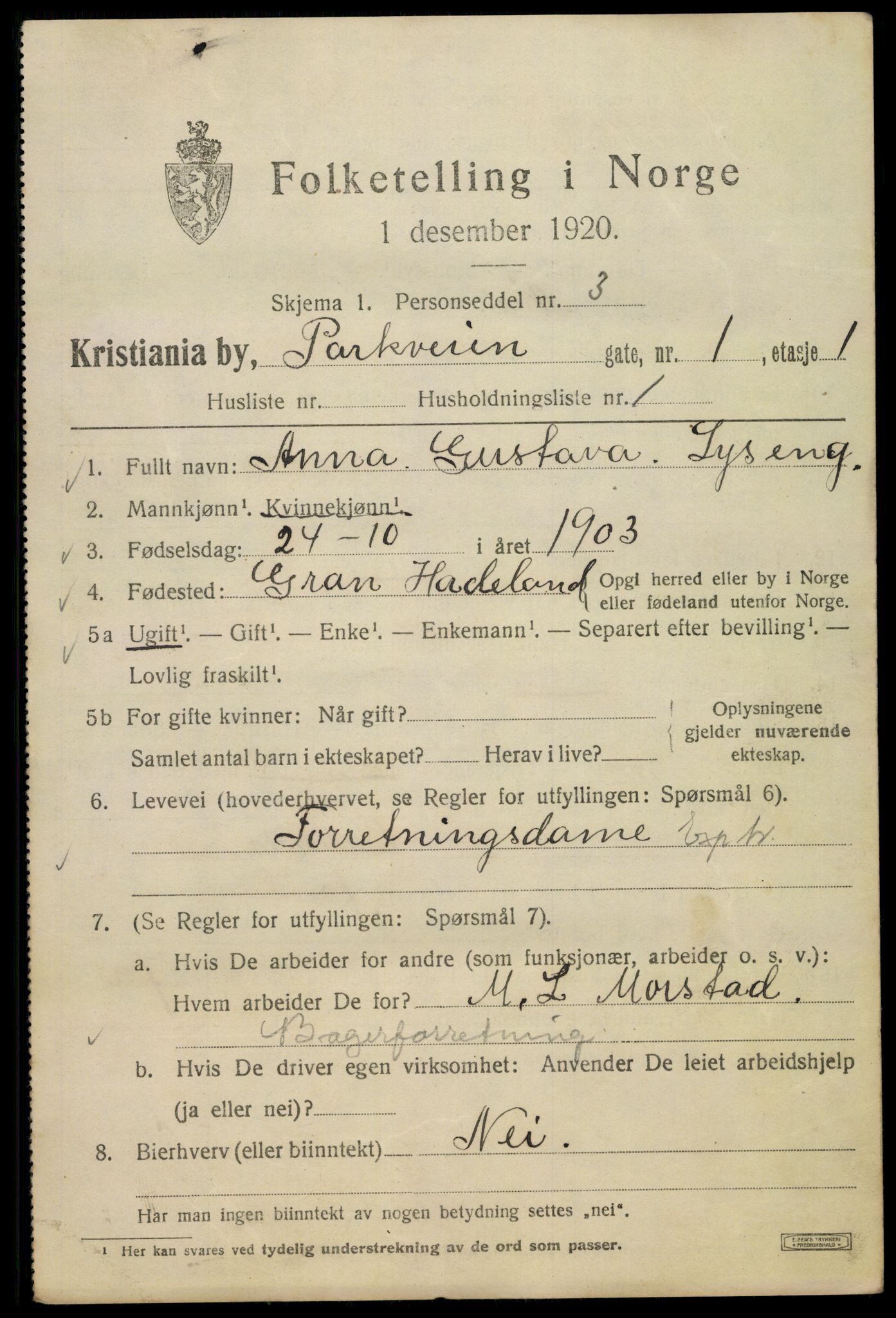 SAO, 1920 census for Kristiania, 1920, p. 442605