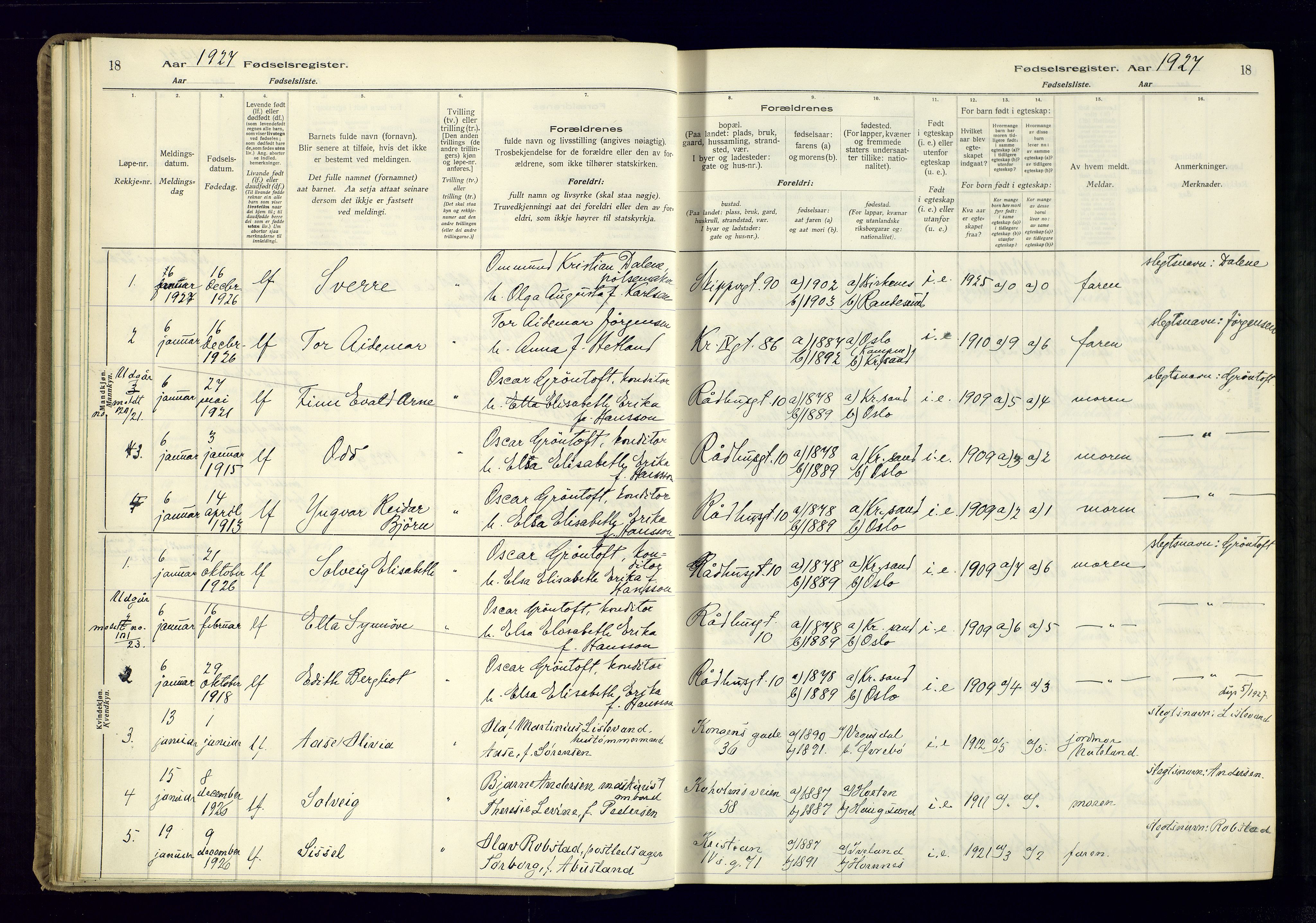 Kristiansand domprosti, SAK/1112-0006/J/Jc/L0003: Birth register no. A-VI-47, 1926-1931, p. 18