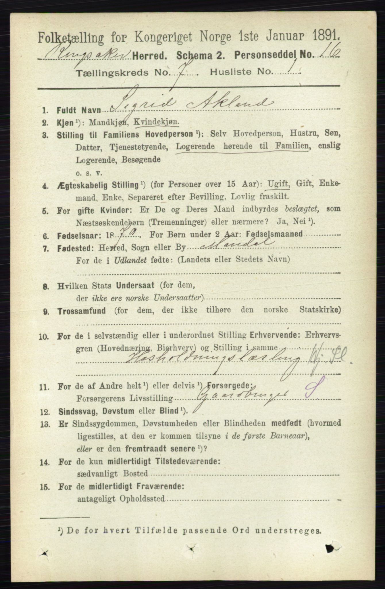 RA, 1891 census for 0412 Ringsaker, 1891, p. 3881