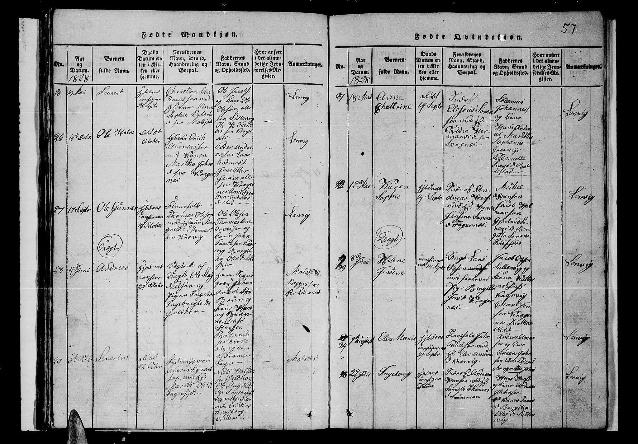 Lenvik sokneprestembete, AV/SATØ-S-1310/H/Ha/Hab/L0001klokker: Parish register (copy) no. 1, 1822-1837, p. 57
