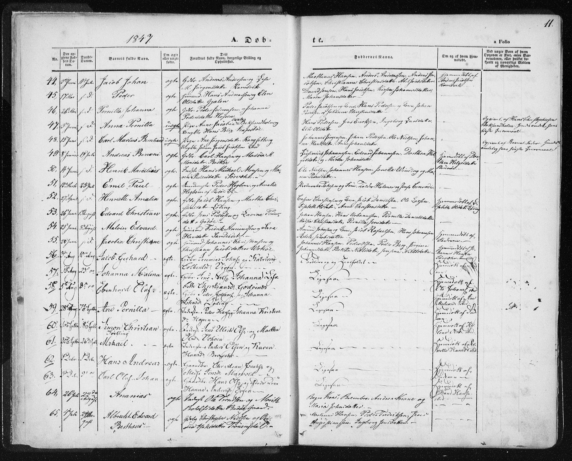 Ministerialprotokoller, klokkerbøker og fødselsregistre - Nordland, AV/SAT-A-1459/801/L0007: Parish register (official) no. 801A07, 1845-1863, p. 11