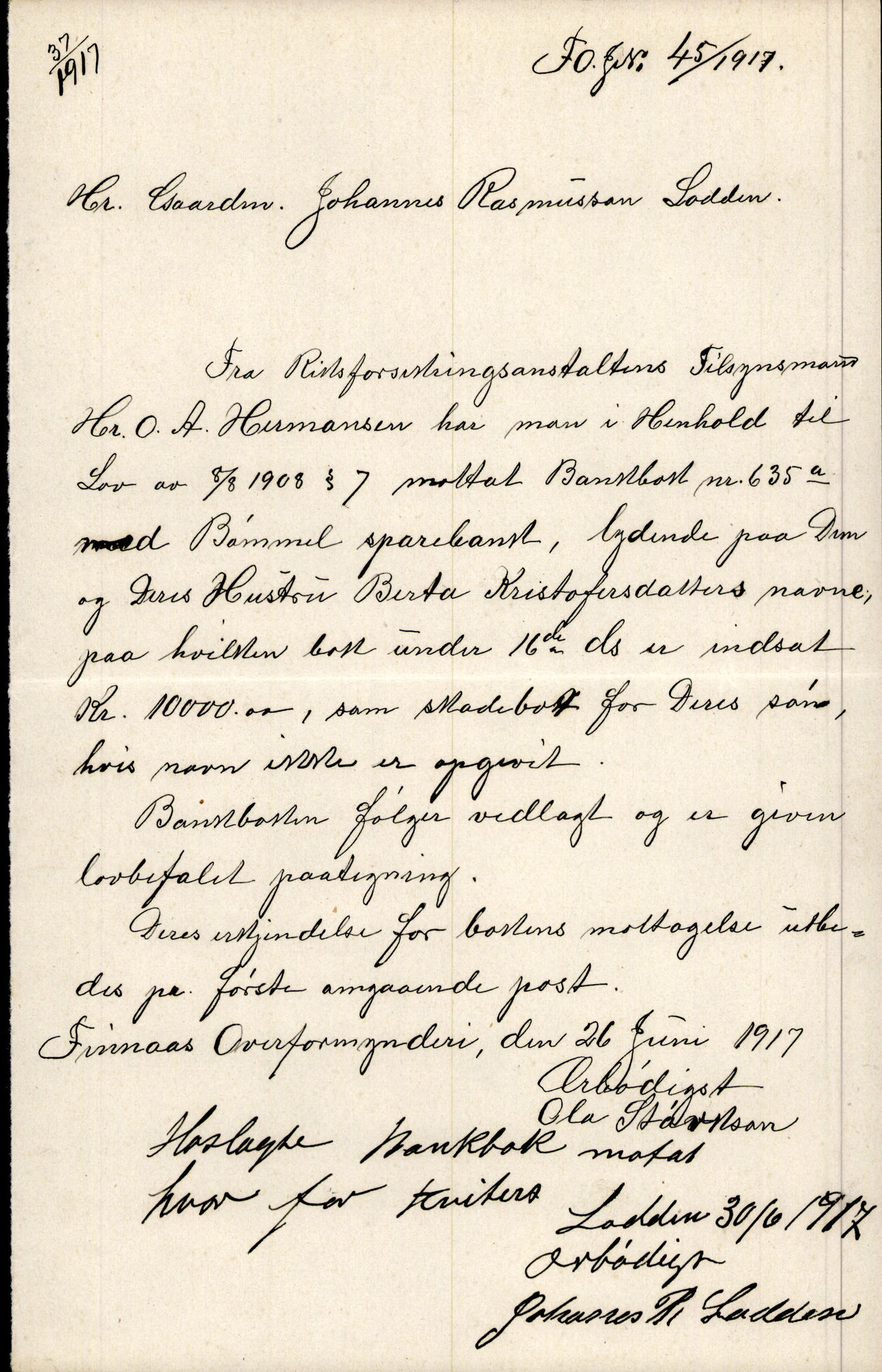 Finnaas kommune. Overformynderiet, IKAH/1218a-812/D/Da/Daa/L0003/0002: Kronologisk ordna korrespondanse / Kronologisk ordna korrespondanse, 1917-1919, p. 17