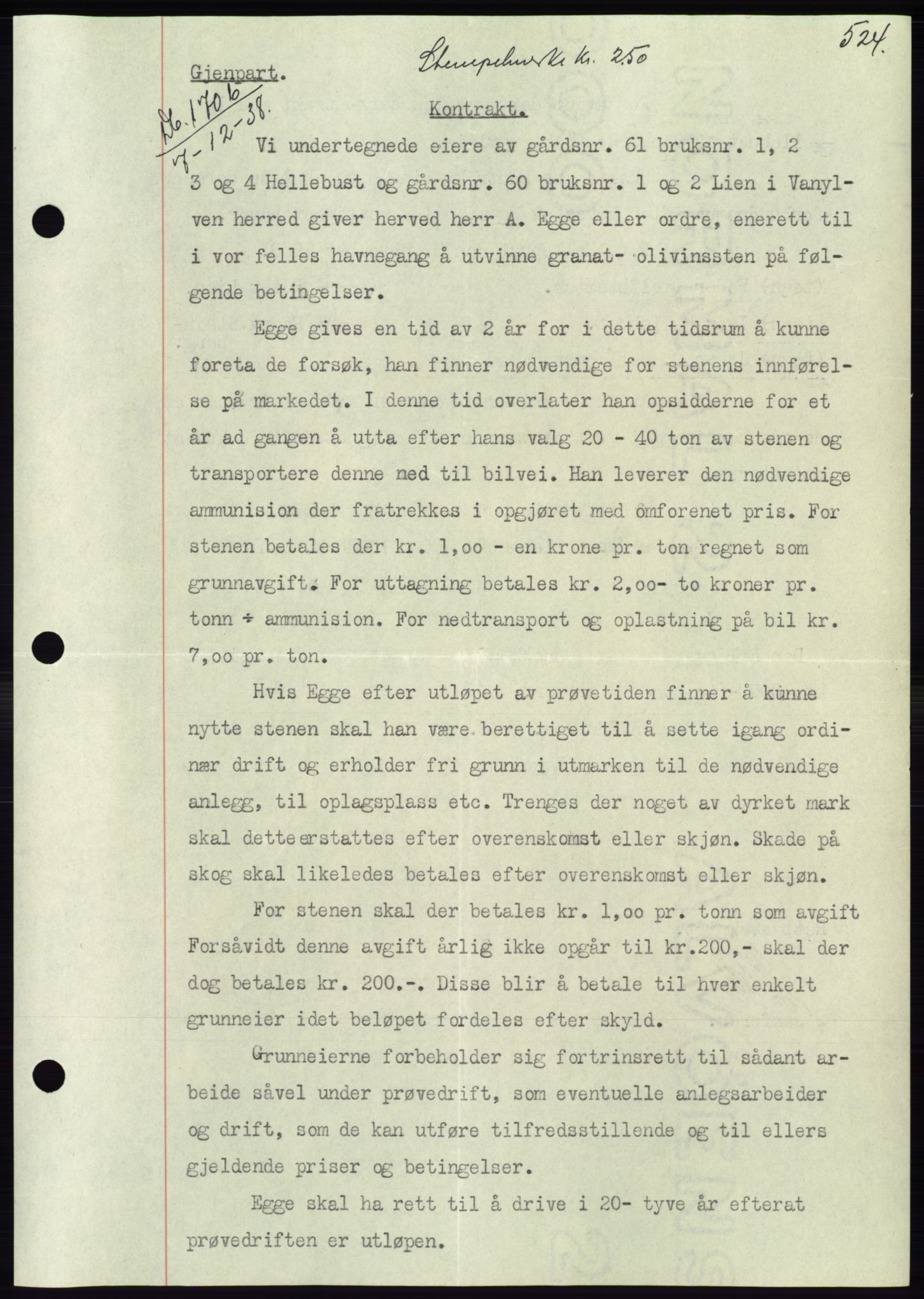 Søre Sunnmøre sorenskriveri, AV/SAT-A-4122/1/2/2C/L0066: Mortgage book no. 60, 1938-1938, Diary no: : 1706/1938