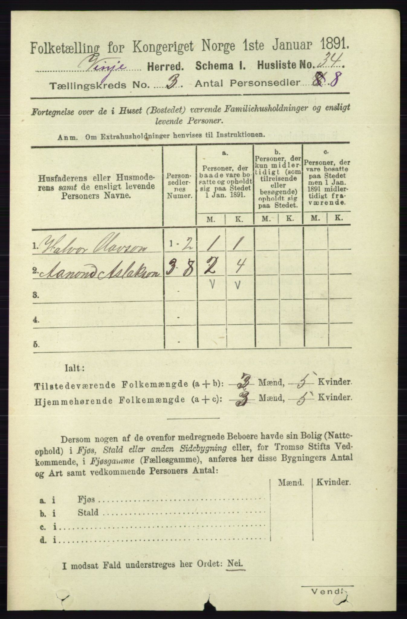 RA, 1891 census for 0834 Vinje, 1891, p. 634