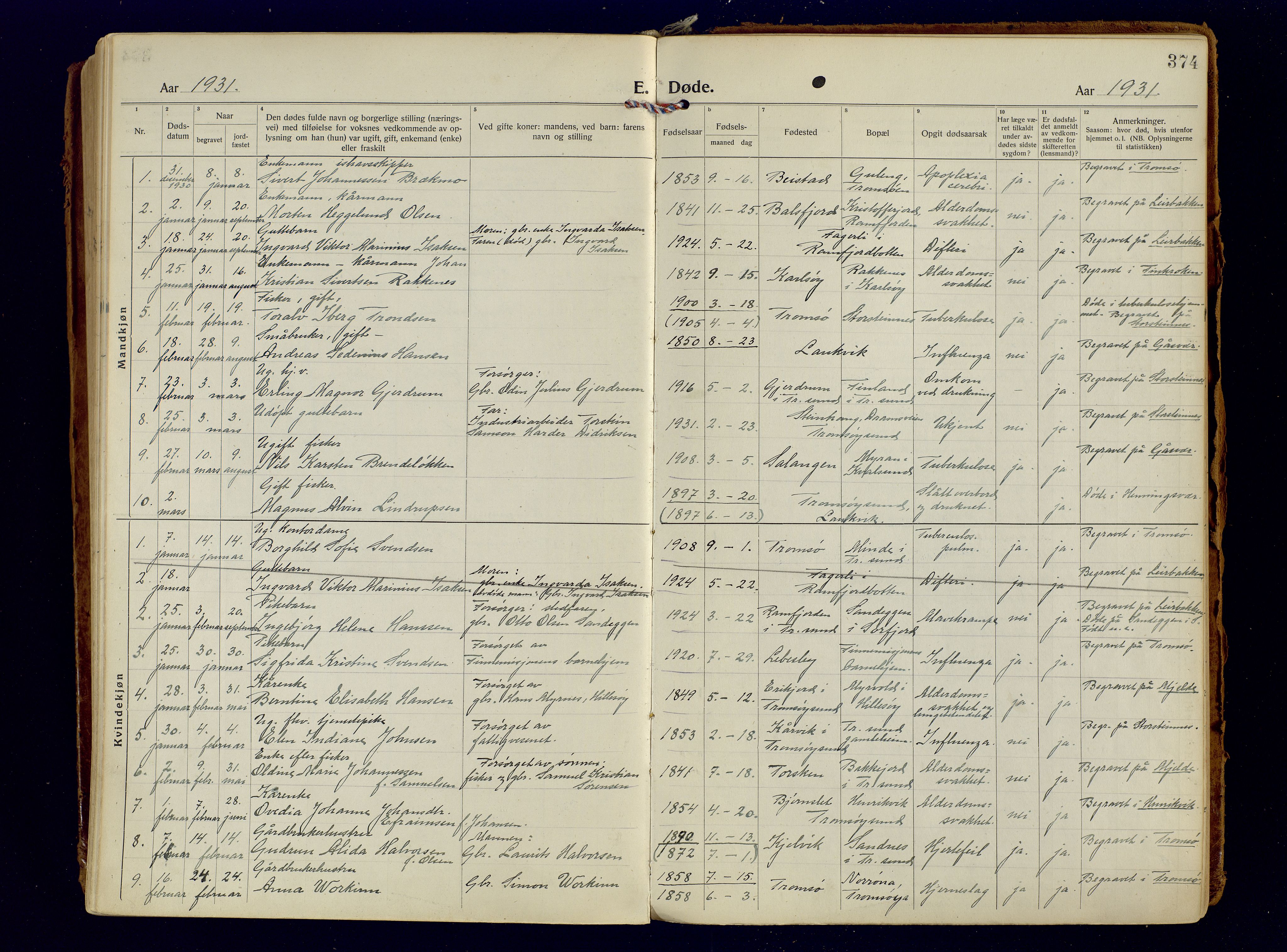 Tromsøysund sokneprestkontor, SATØ/S-1304/G/Ga/L0009kirke: Parish register (official) no. 9, 1922-1934, p. 374