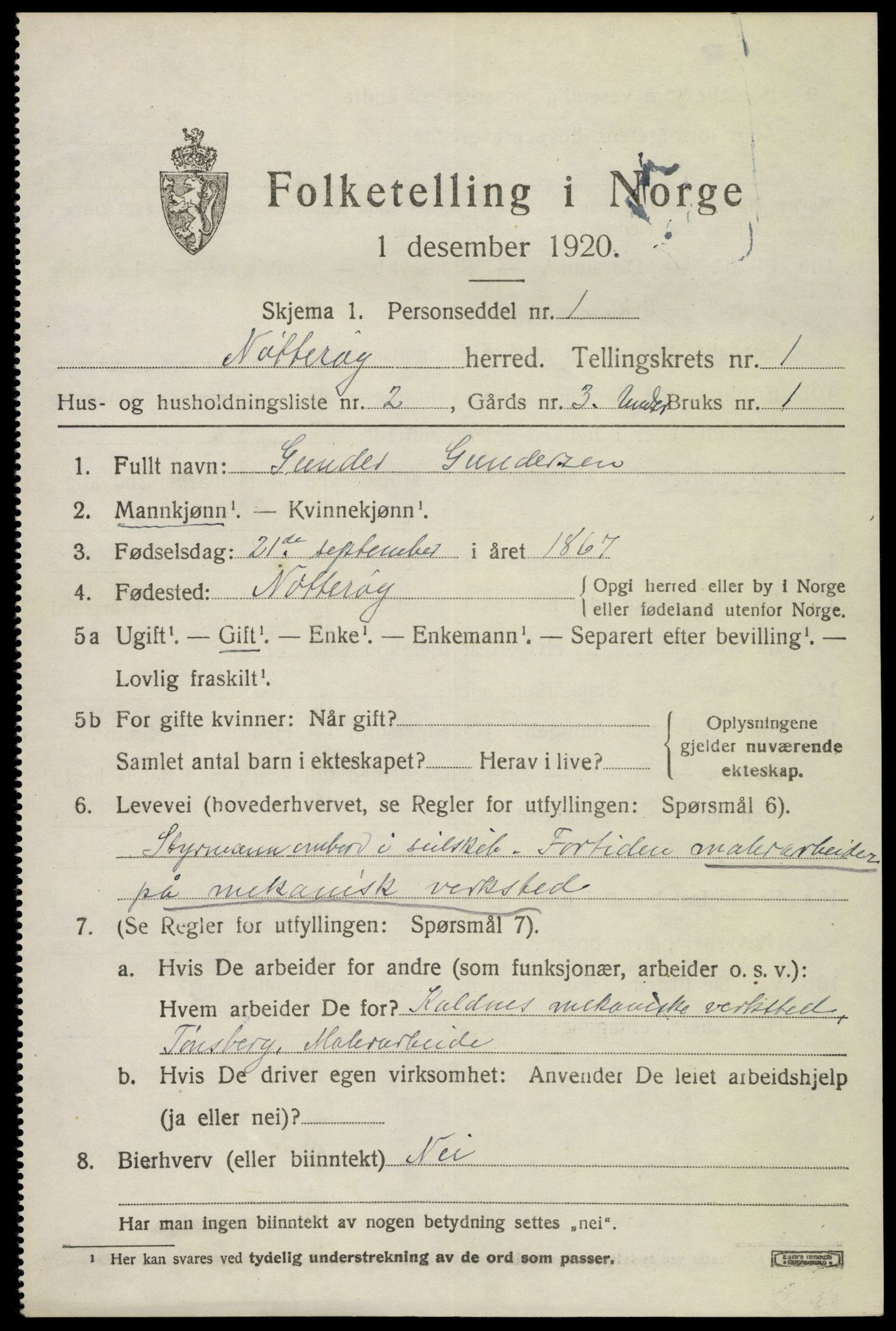 SAKO, 1920 census for Nøtterøy, 1920, p. 2843