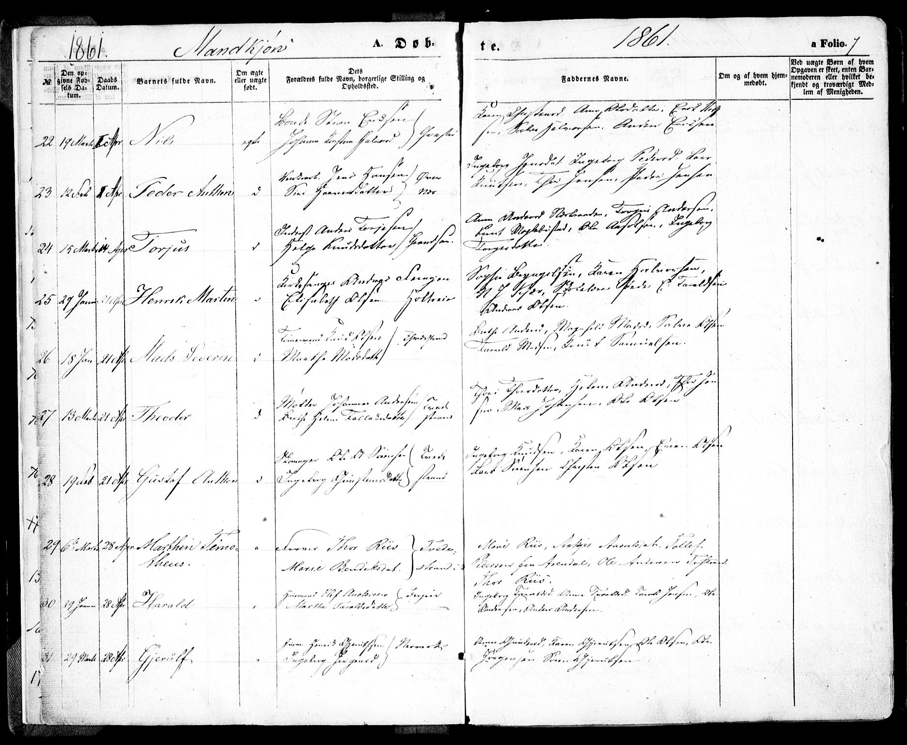 Holt sokneprestkontor, SAK/1111-0021/F/Fa/L0009: Parish register (official) no. A 9, 1861-1871, p. 7