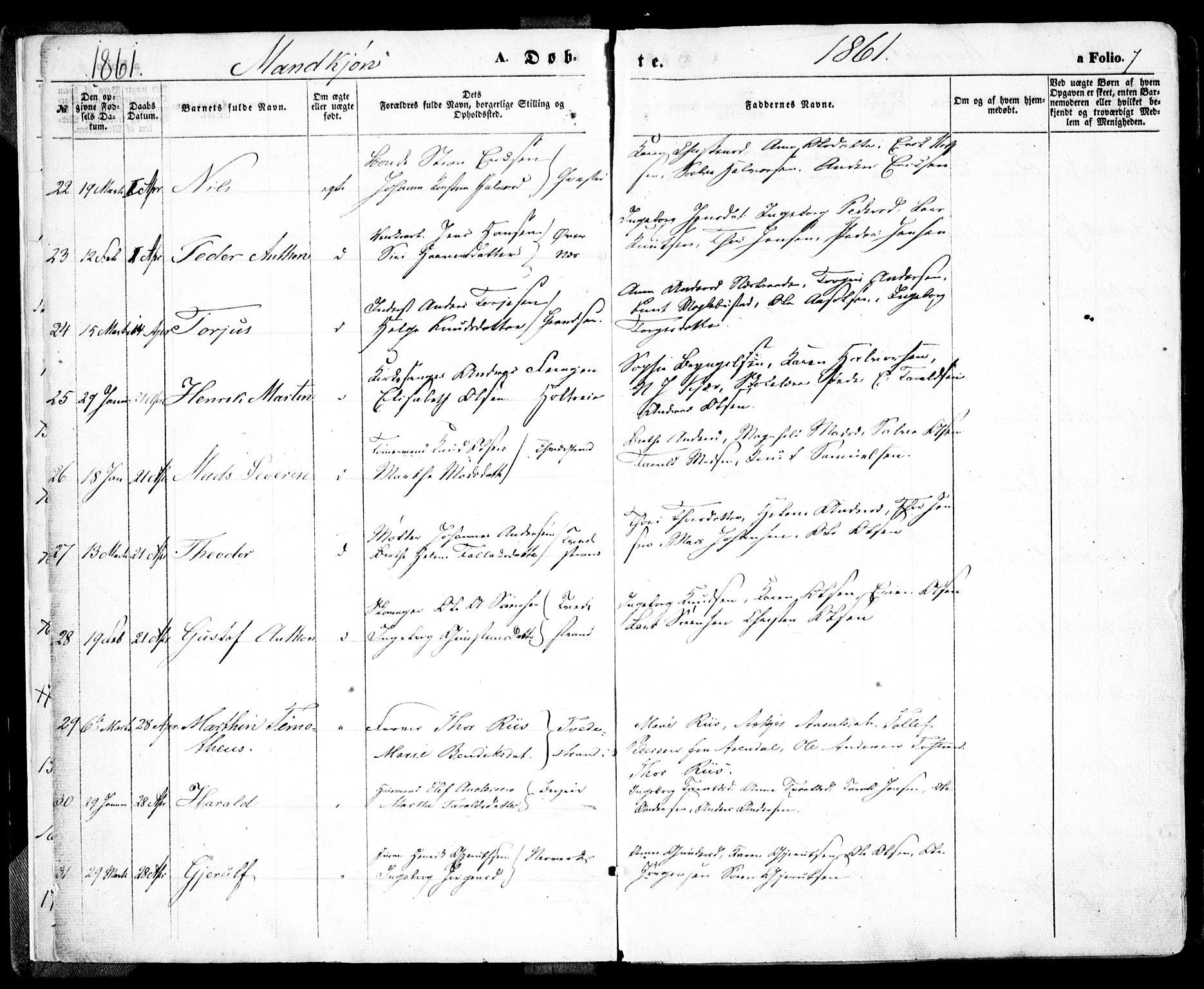 Holt sokneprestkontor, AV/SAK-1111-0021/F/Fa/L0009: Parish register (official) no. A 9, 1861-1871, p. 7