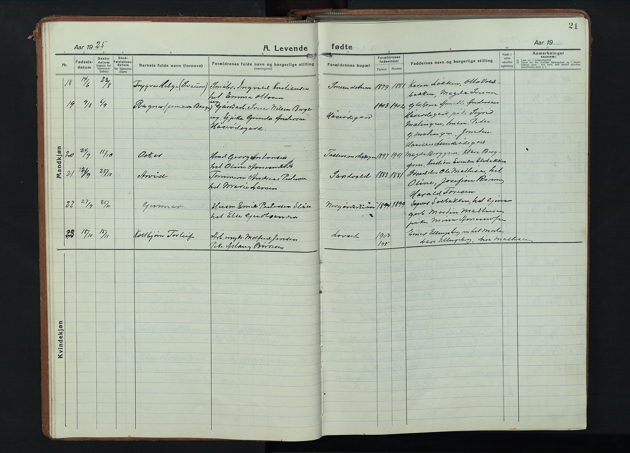 Fåberg prestekontor, AV/SAH-PREST-086/H/Ha/Hab/L0014: Parish register (copy) no. 14, 1922-1946, p. 21