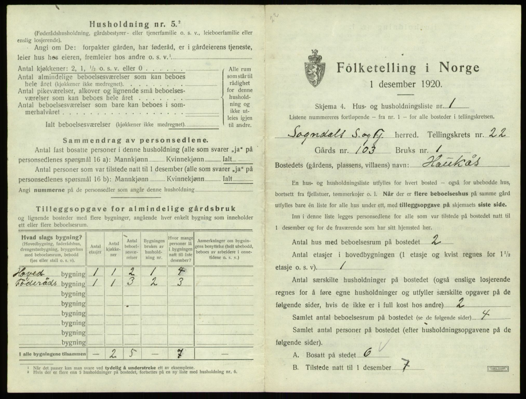 SAB, 1920 census for Sogndal, 1920, p. 1182