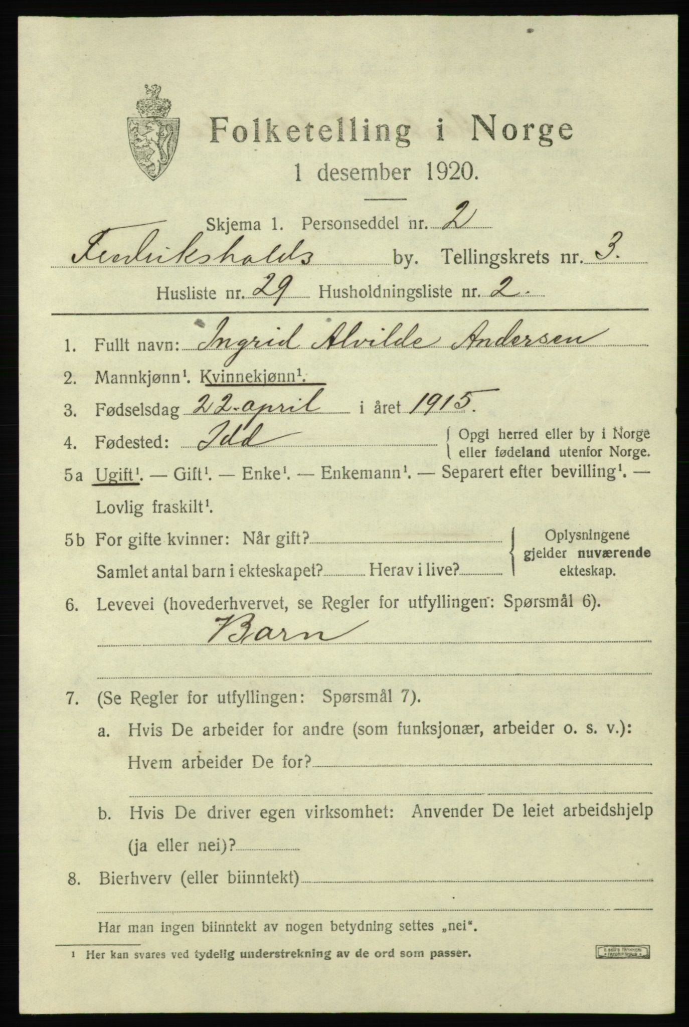 SAO, 1920 census for Fredrikshald, 1920, p. 11090