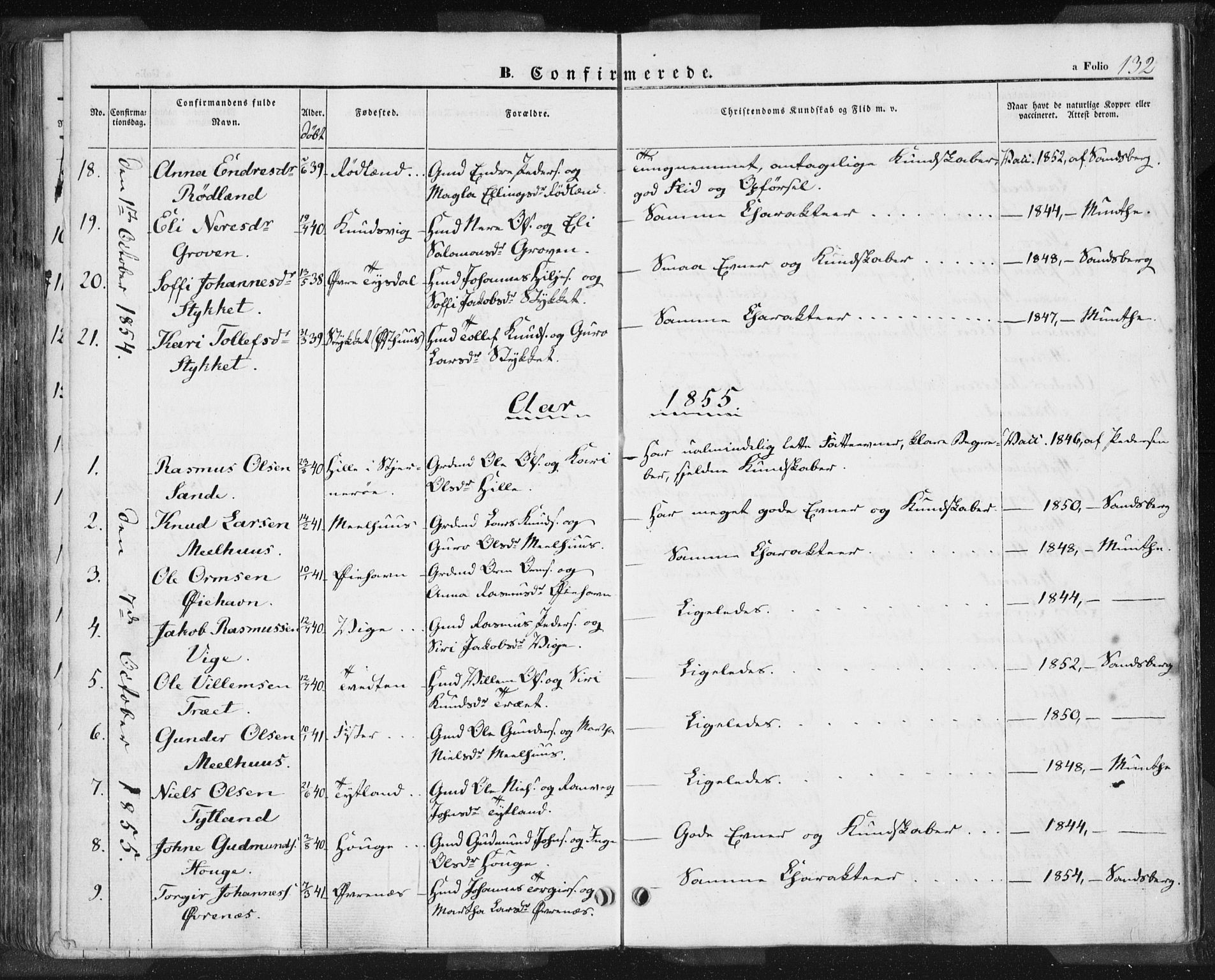 Hjelmeland sokneprestkontor, AV/SAST-A-101843/01/IV/L0009: Parish register (official) no. A 9, 1846-1860, p. 132