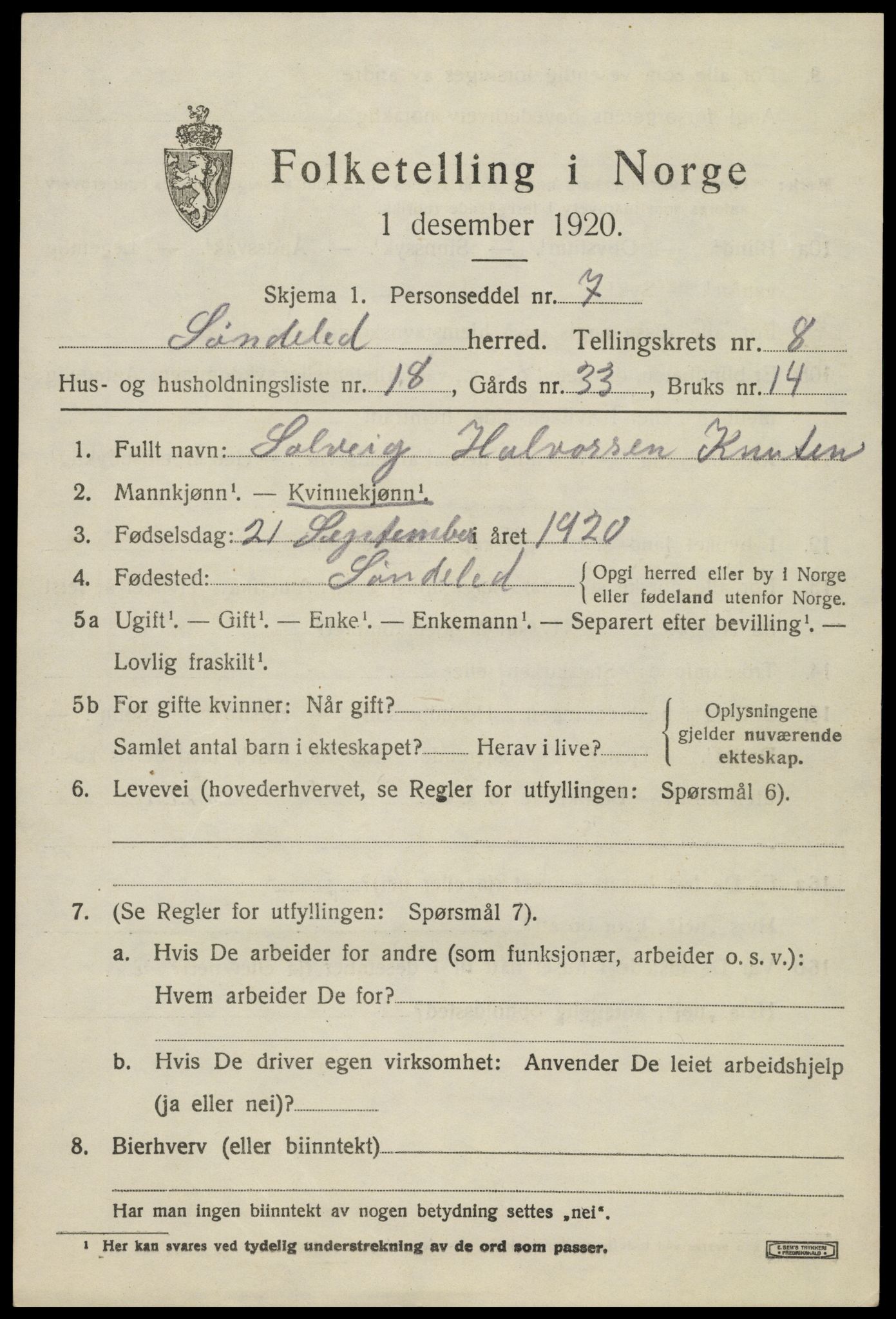 SAK, 1920 census for Søndeled, 1920, p. 4567