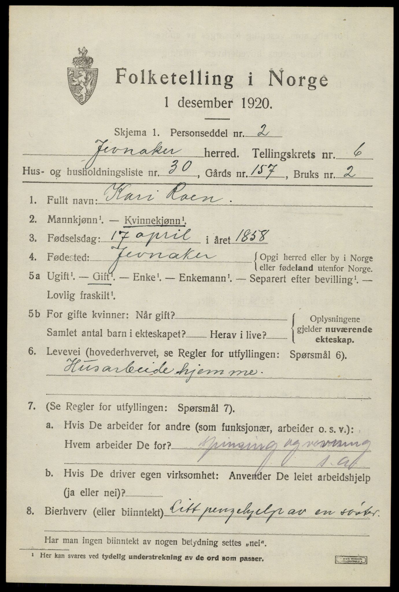 SAH, 1920 census for Jevnaker, 1920, p. 9155