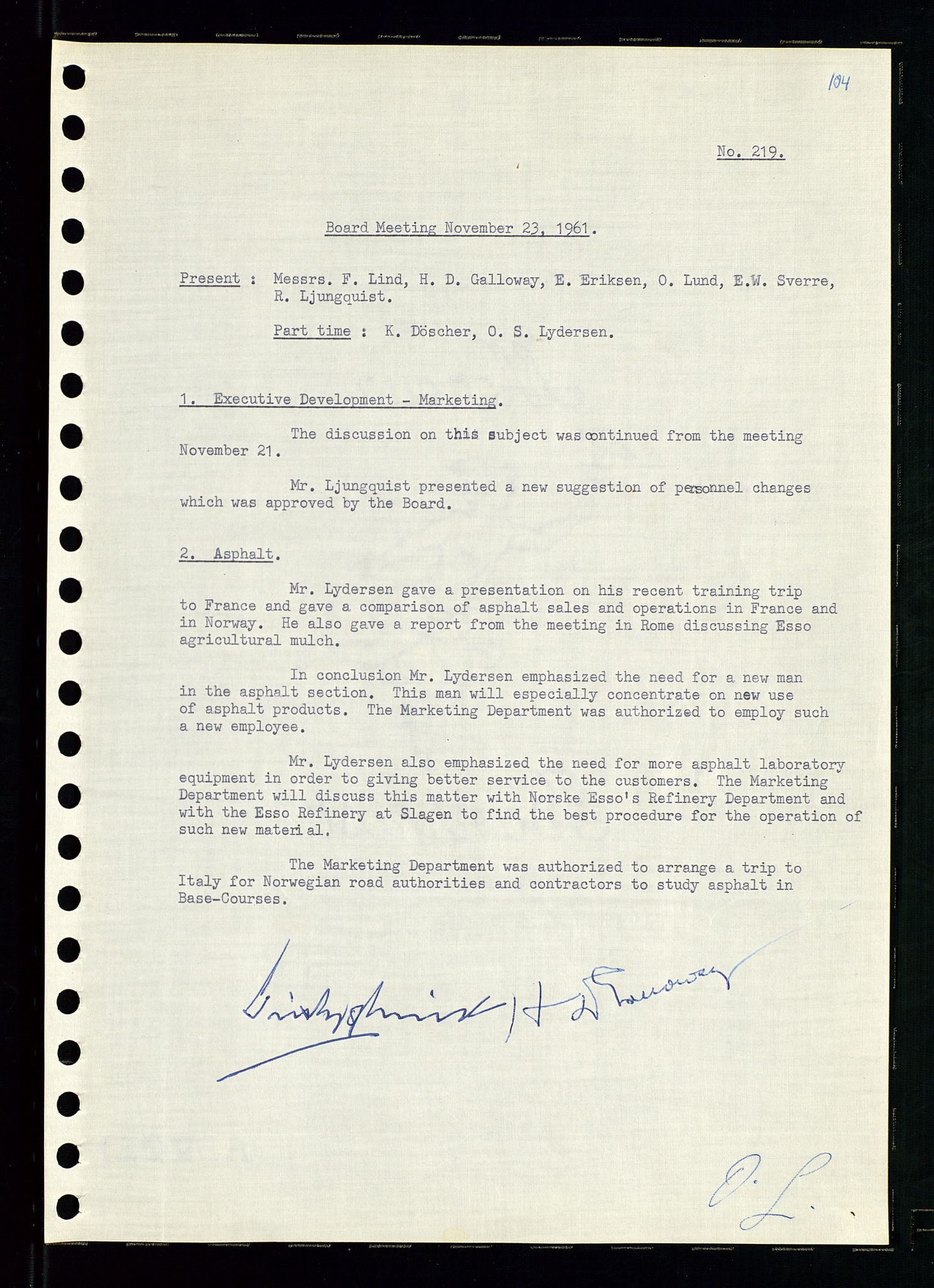 Pa 0982 - Esso Norge A/S, AV/SAST-A-100448/A/Aa/L0001/0002: Den administrerende direksjon Board minutes (styrereferater) / Den administrerende direksjon Board minutes (styrereferater), 1960-1961, p. 153